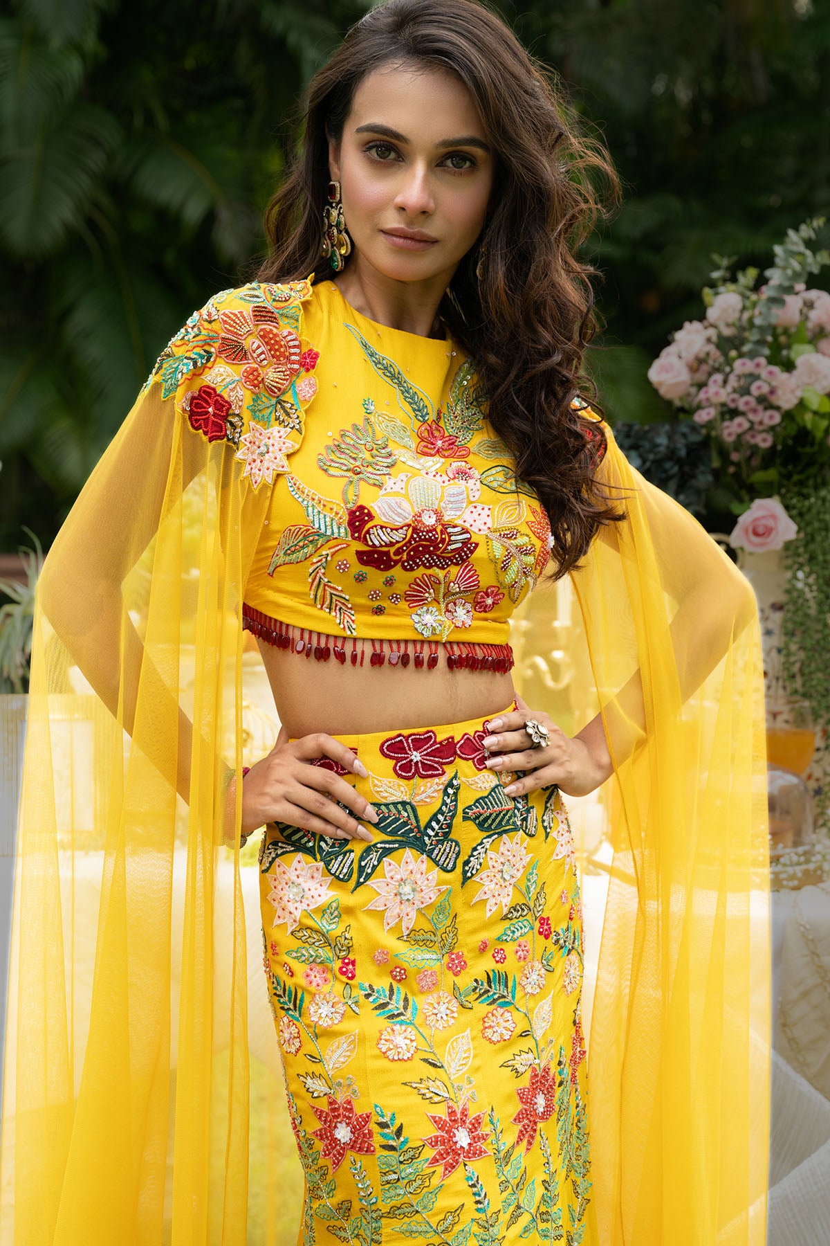 Yellow Floral Cape Lehenga Set