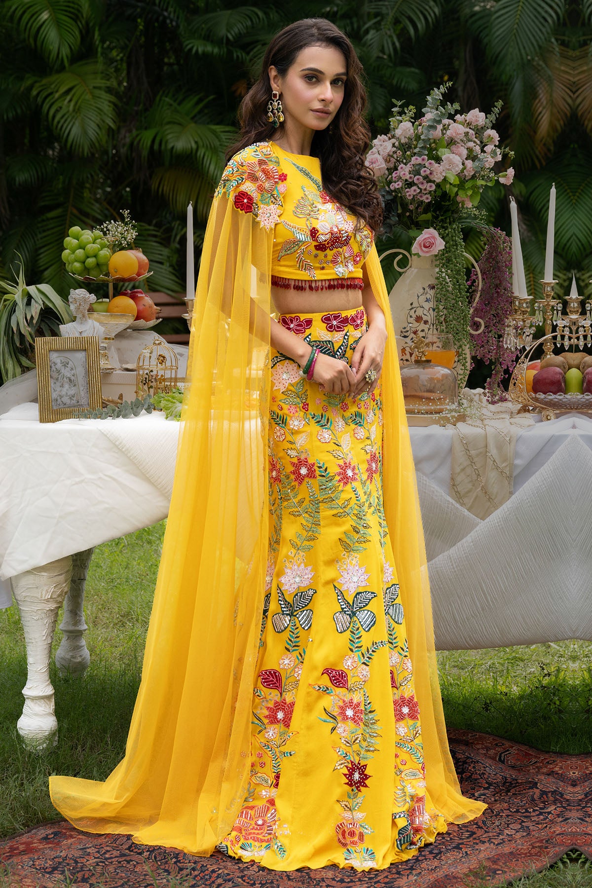 Yellow Floral Cape Lehenga Set