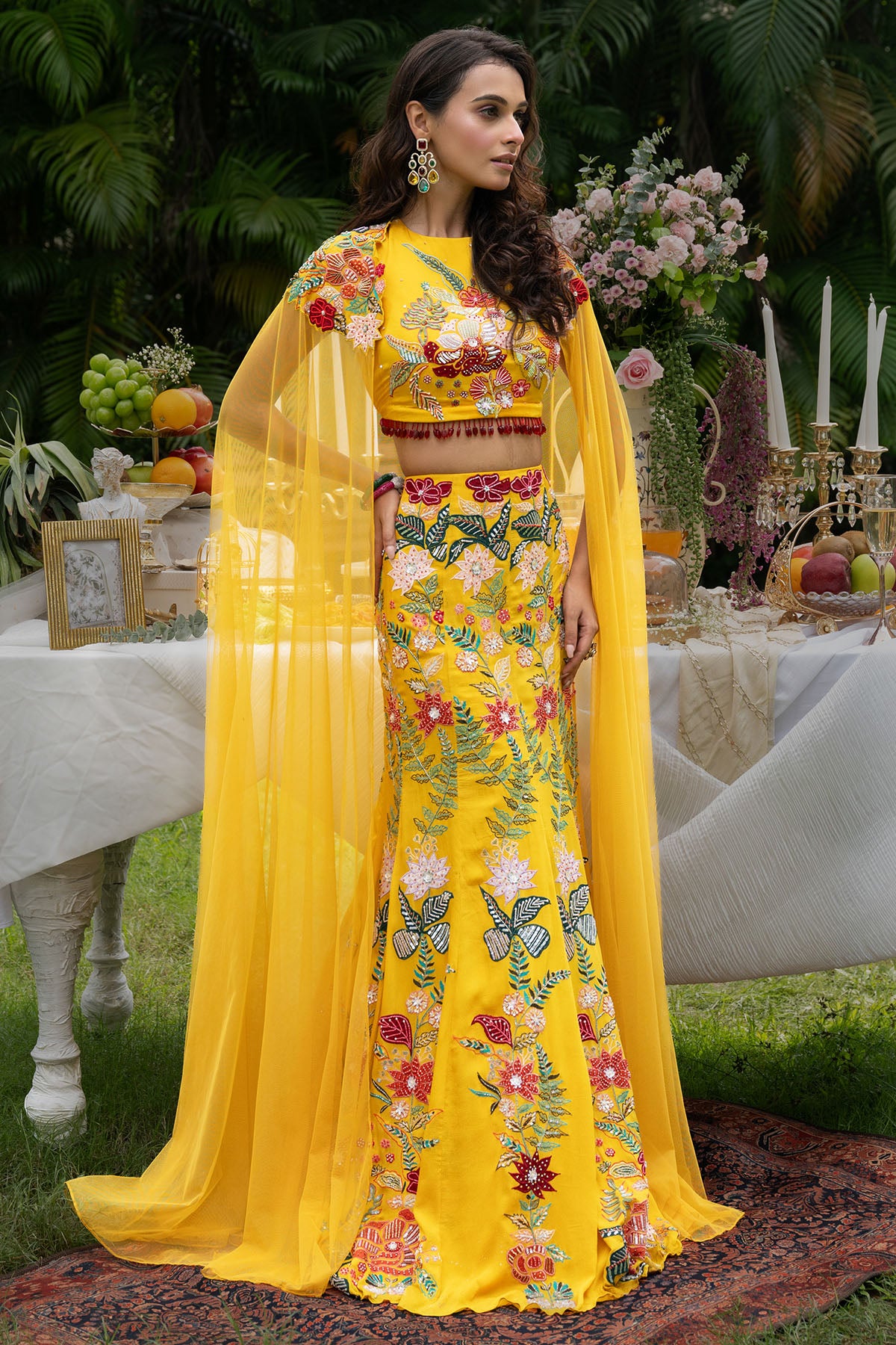 Yellow Floral Cape Lehenga Set