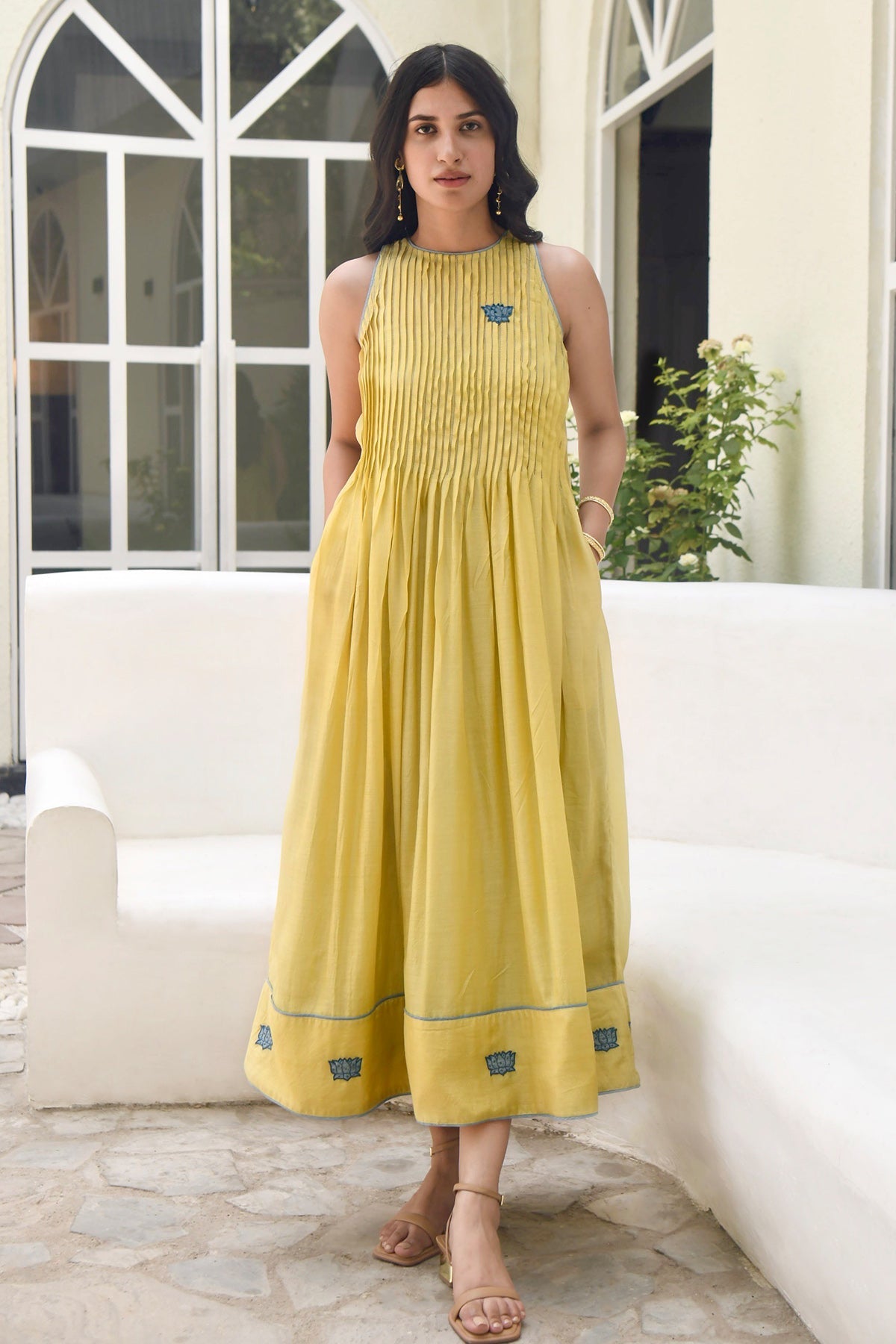 Buy Yellow Floral Embroidered Dress by Taro India for Women online at ScrollnShops
