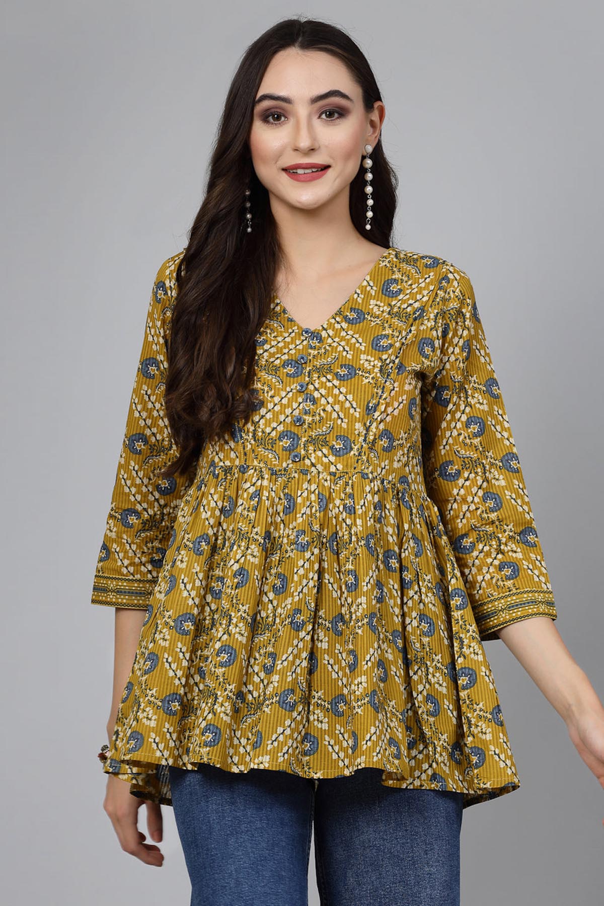 Buy Yellow Floral Katha Detail Top for Women by Qomn Designer online available at scrollnshops