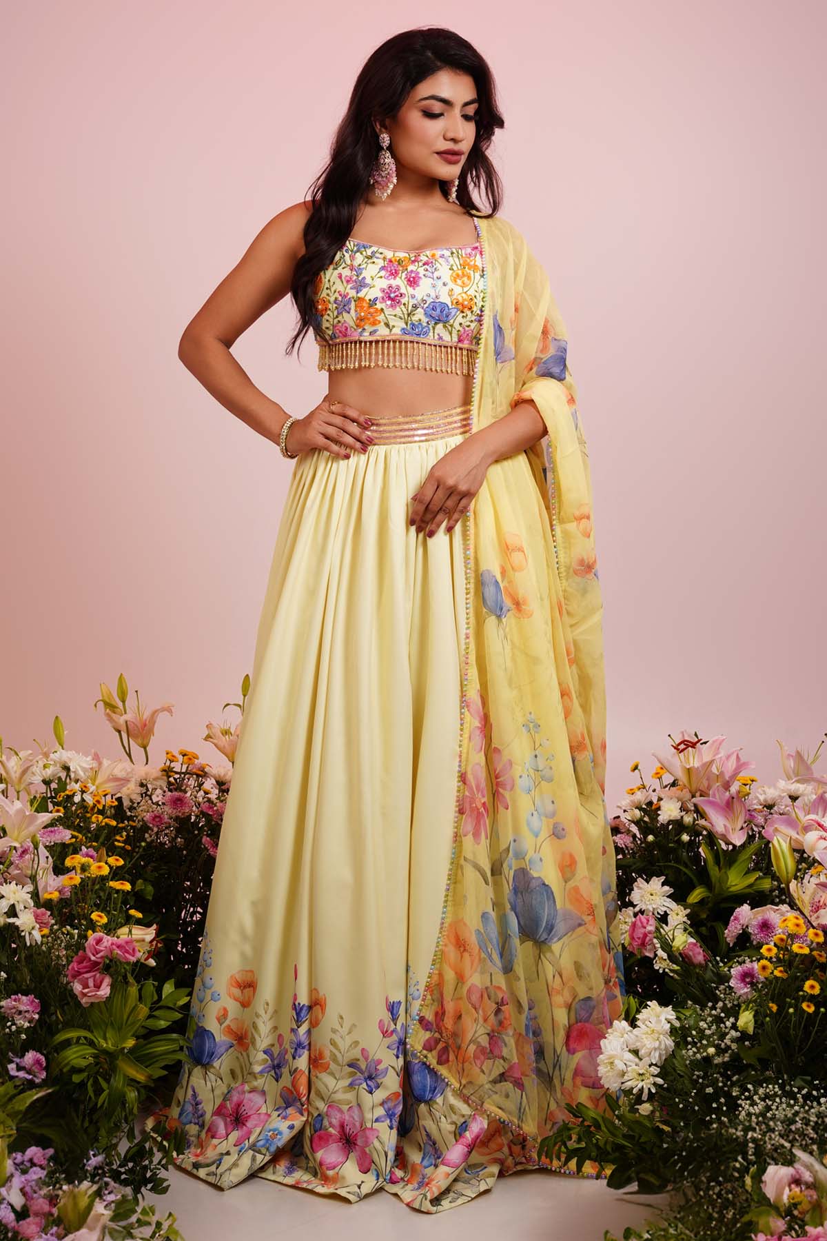 Priyanka Kar Yellow Floral Print Lehenga Set for women online at ScrollnShops