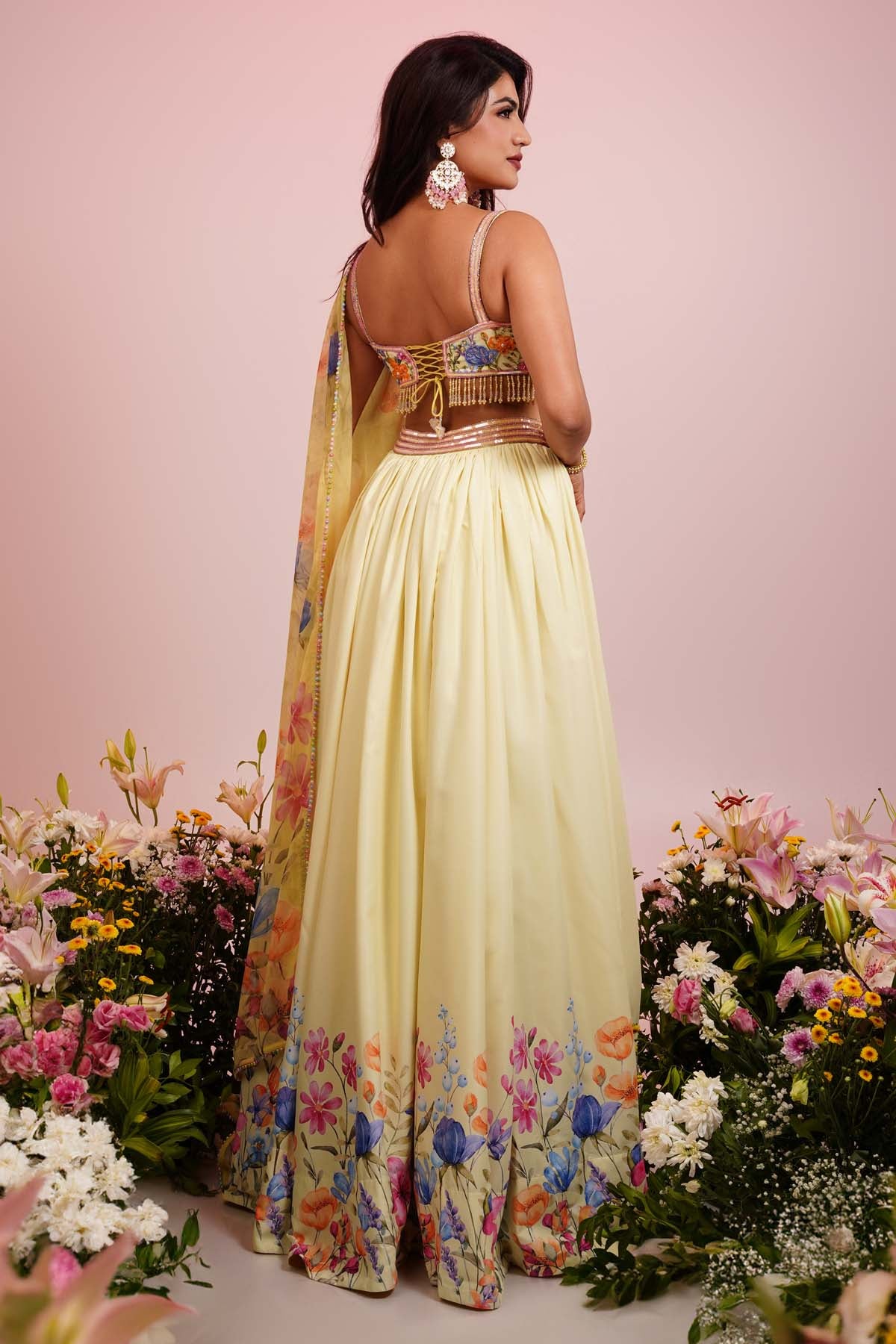 Yellow Floral Print Lehenga Set