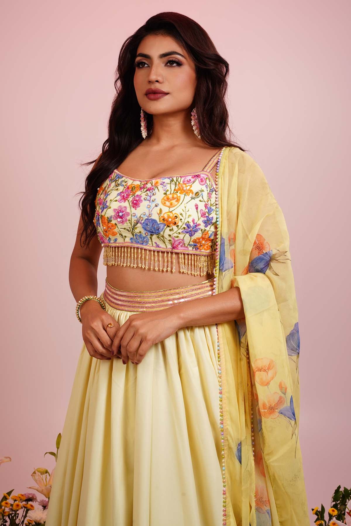 Yellow Floral Print Lehenga Set