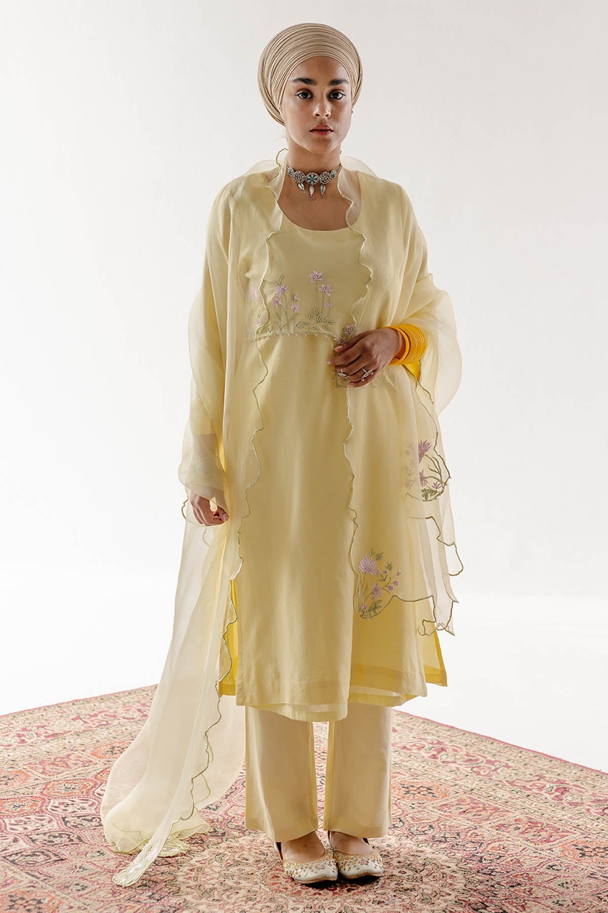 Yellow Floral Resham Kurta Set