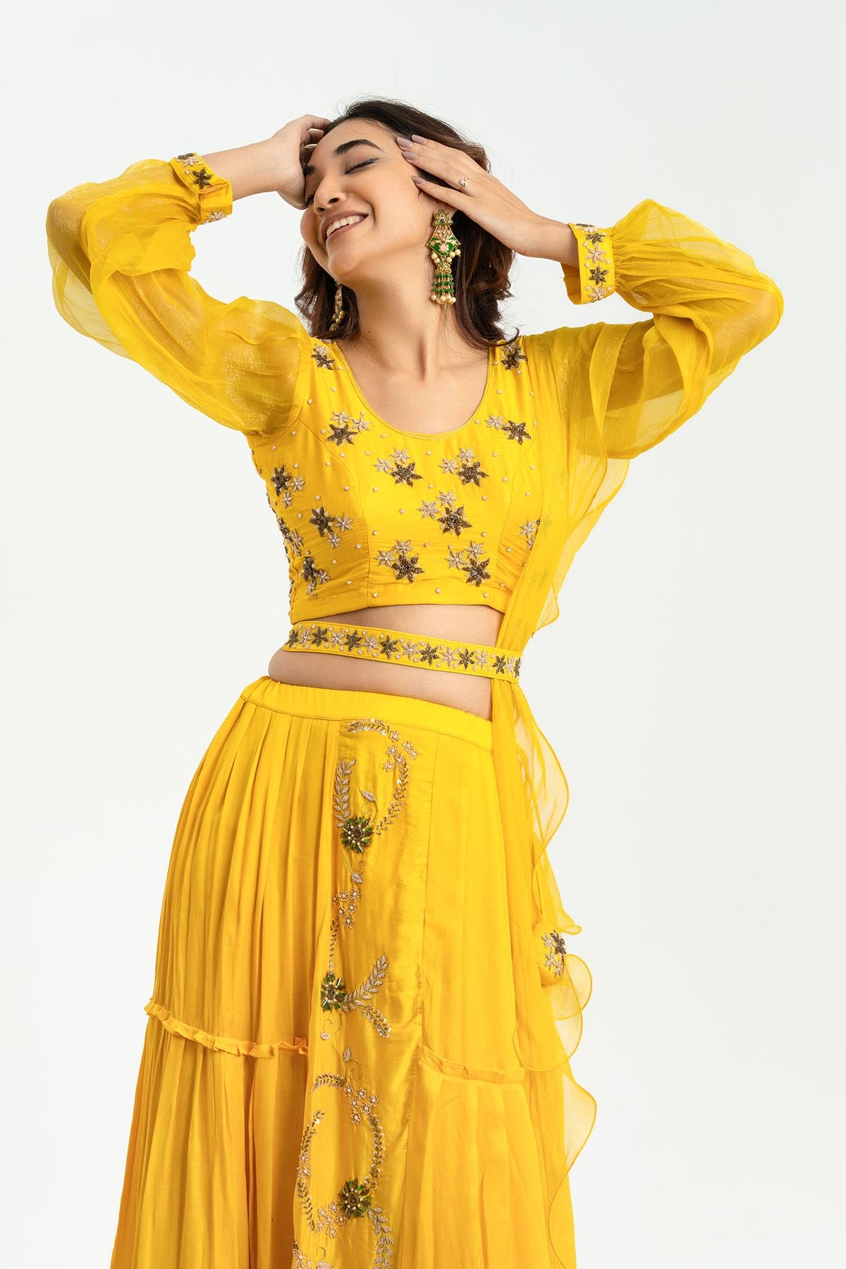 Yellow Floral Ruffle Lehenga Set
