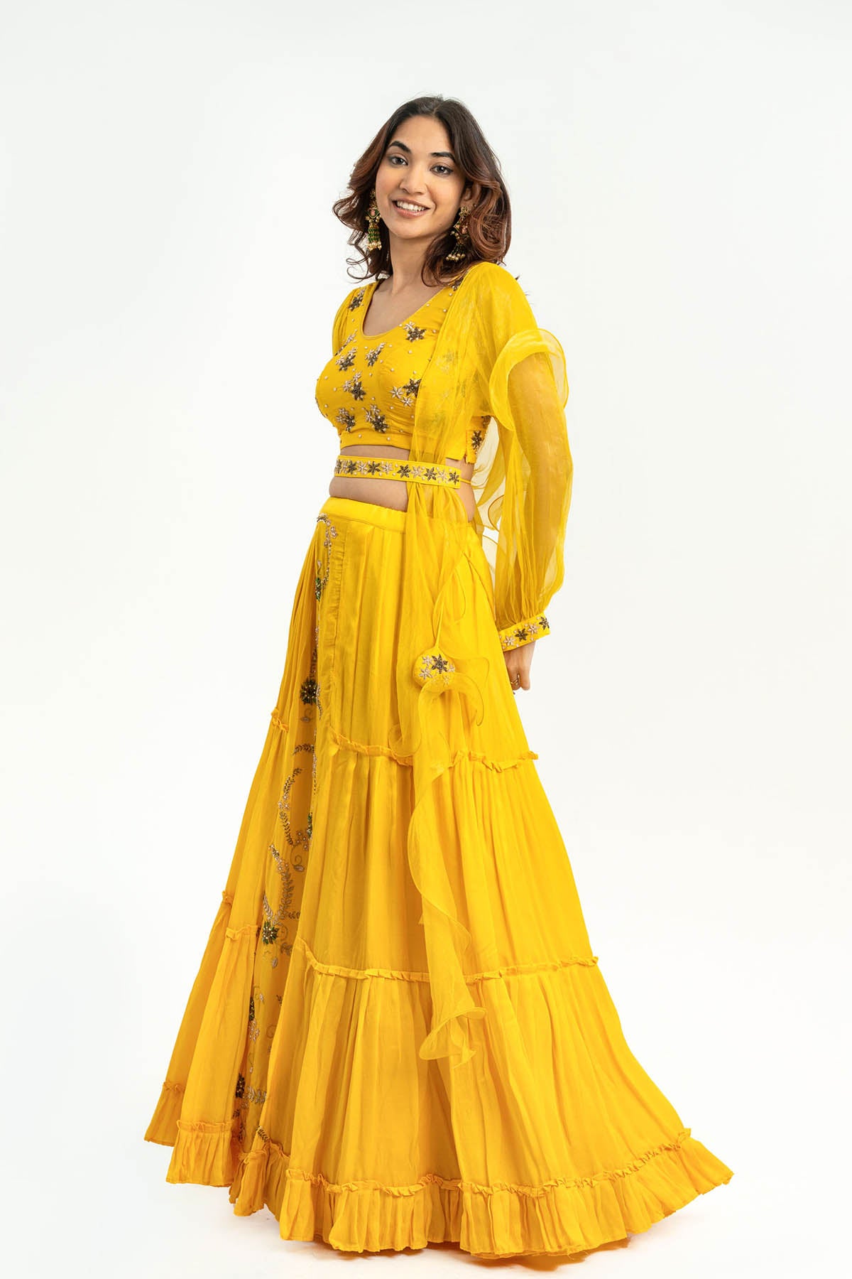 Yellow Floral Ruffle Lehenga Set