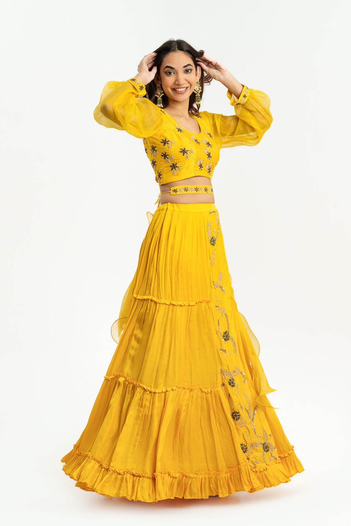 Yellow Floral Ruffle Lehenga Set