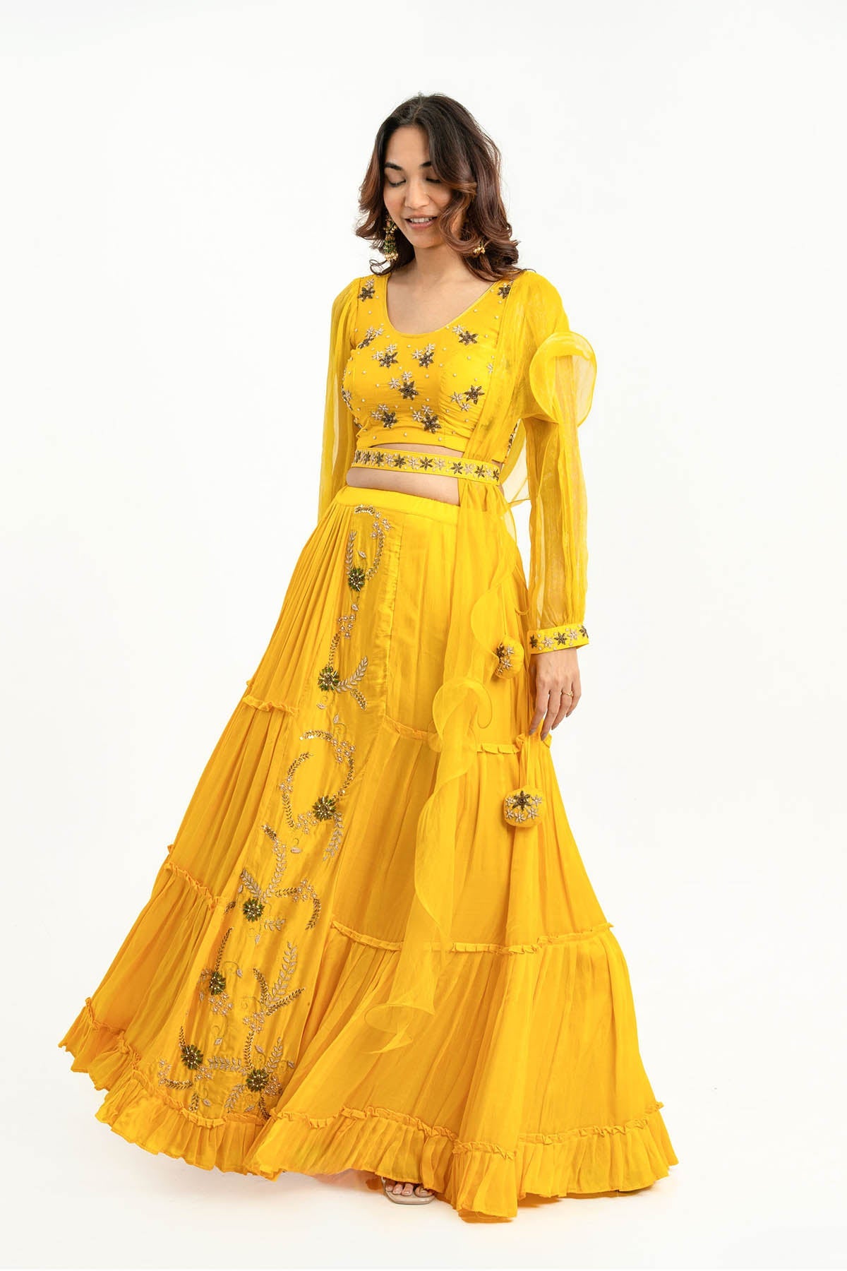 Buy Yellow Floral Ruffle Lehenga Set Online