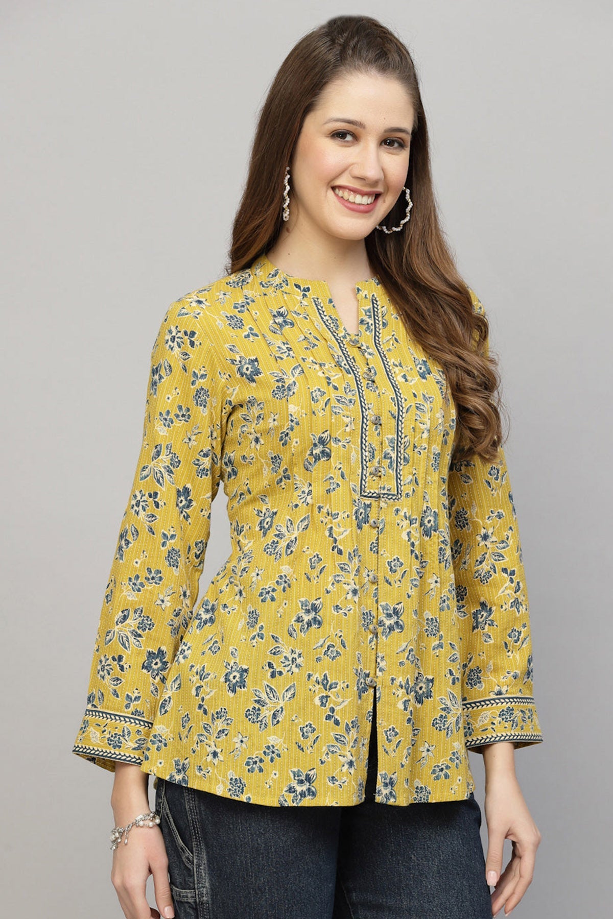 Buy Yellow Floral Shirt Style Top for Women by Qomn Designer online available at scrollnshops