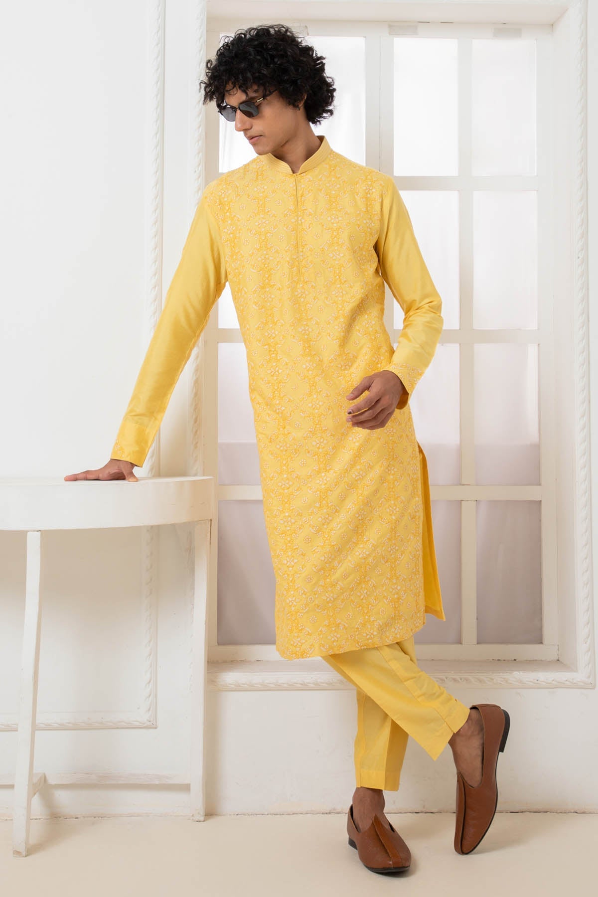 Buy Yellow Floral Thread Kurta Set Online