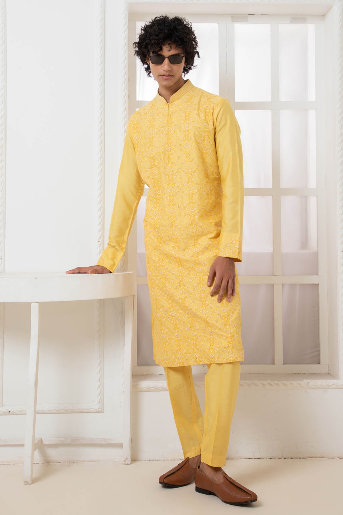 Yellow Floral Thread Kurta Set
