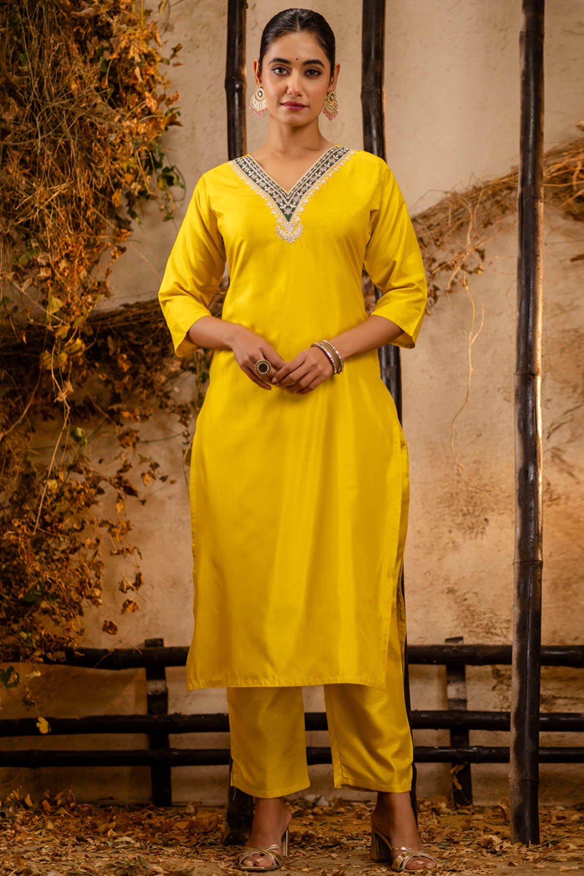 Yellow Floral V Neck Kurta Set