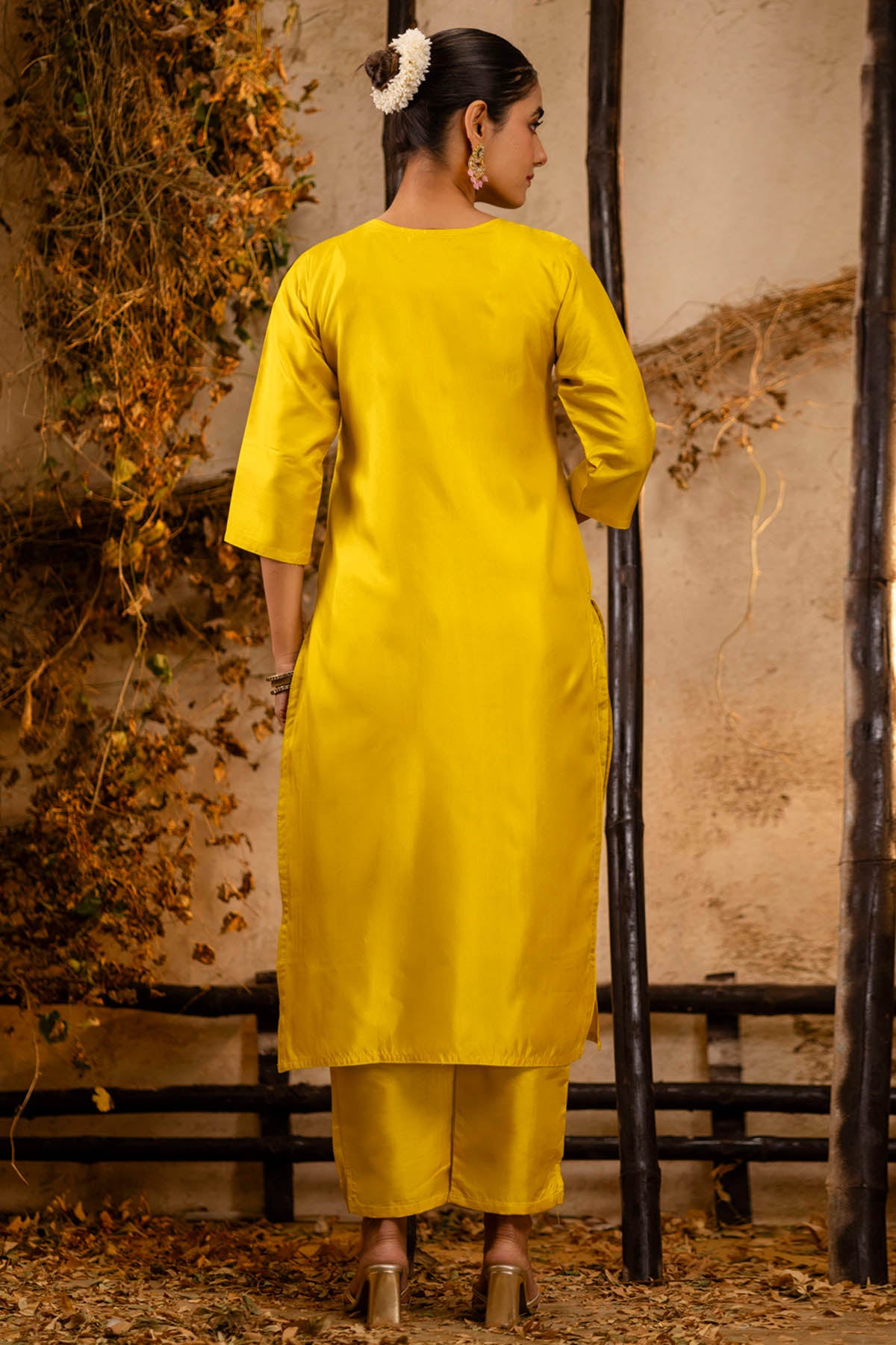 Yellow Floral V Neck Kurta Set