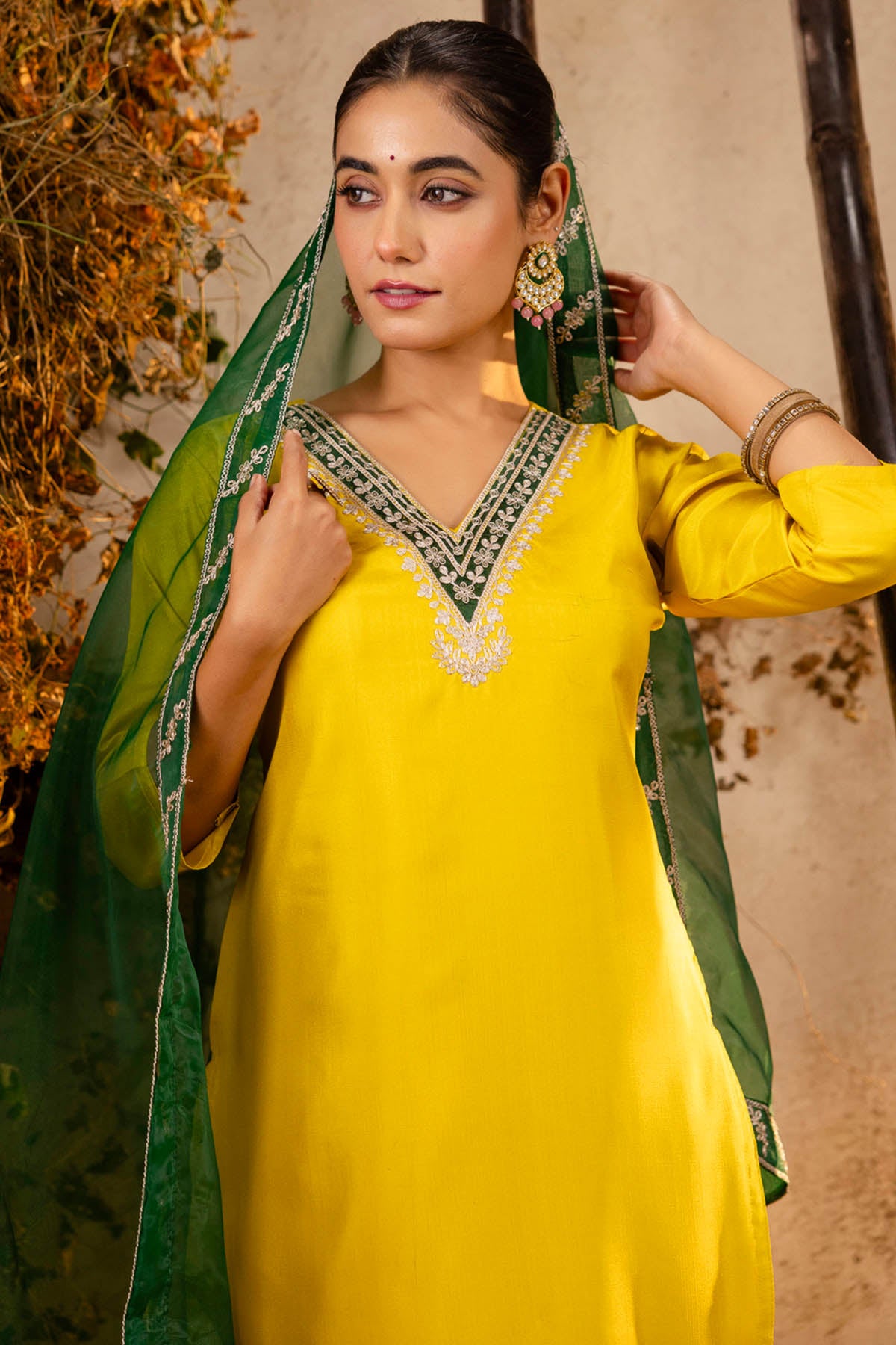 Yellow Floral V Neck Kurta Set