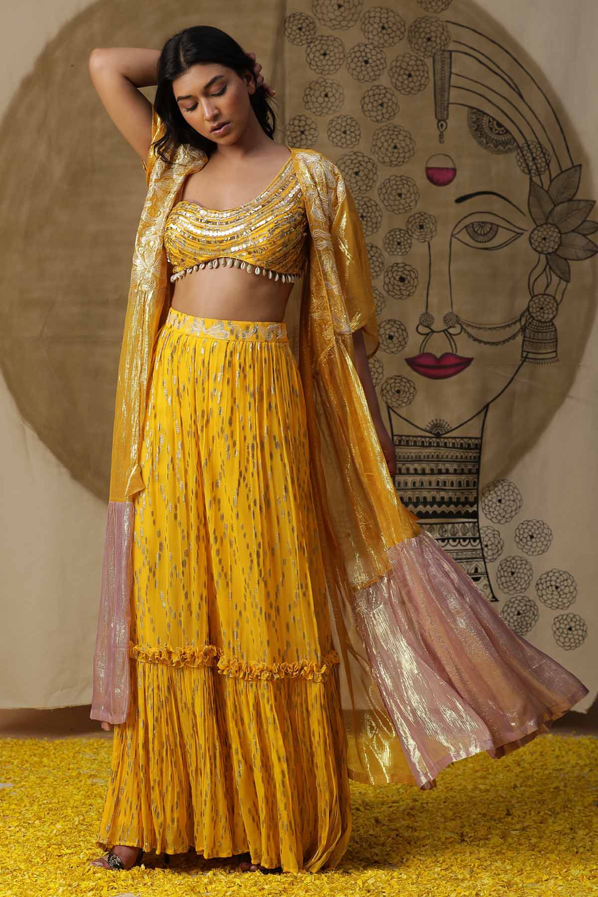 Buy Arpita SulakshanaYellow Foil Printed Lehenga Set