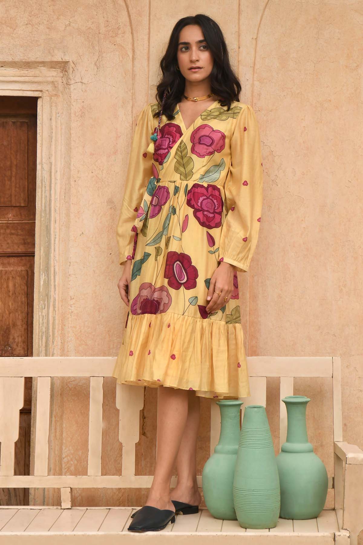 Taro India Yellow Foliage Print Wrap Dress for women online at ScrollnShops