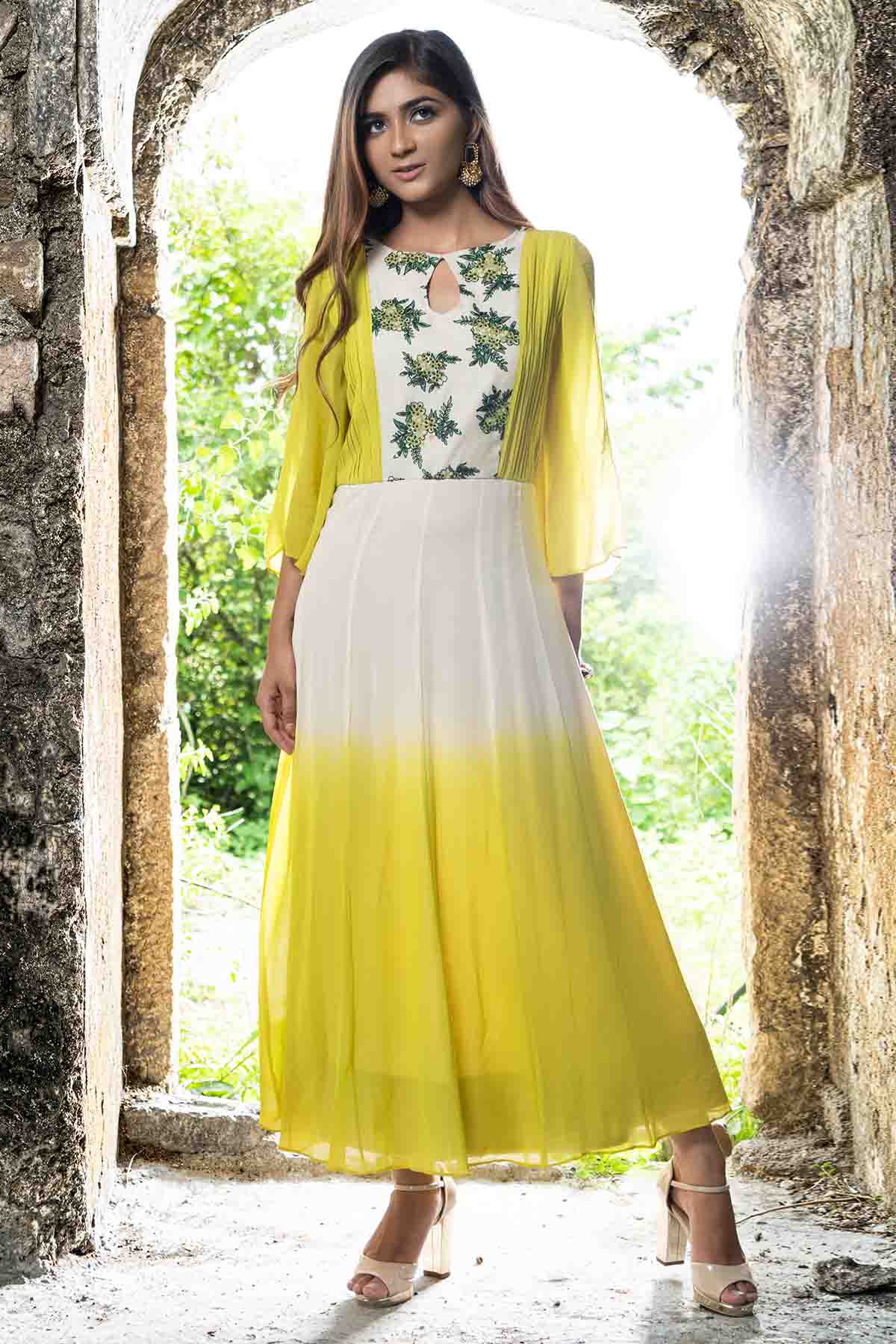 Sejal Kamdar Yellow French Knot Midi Dress for women online at ScrollnShops