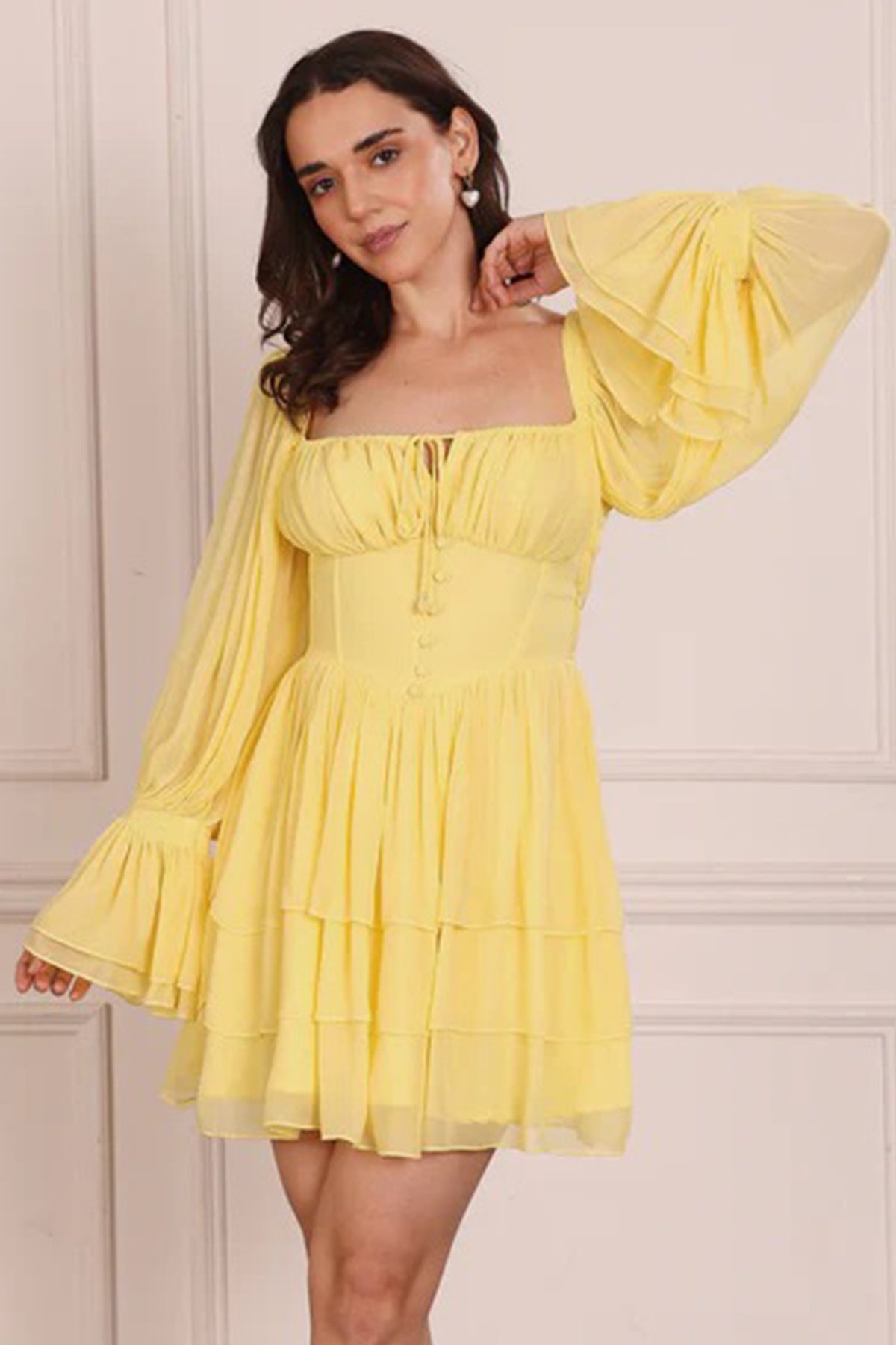Buy Yellow Frill Sleeves Mini Dress for women by Seoraa online available at scrollnshops