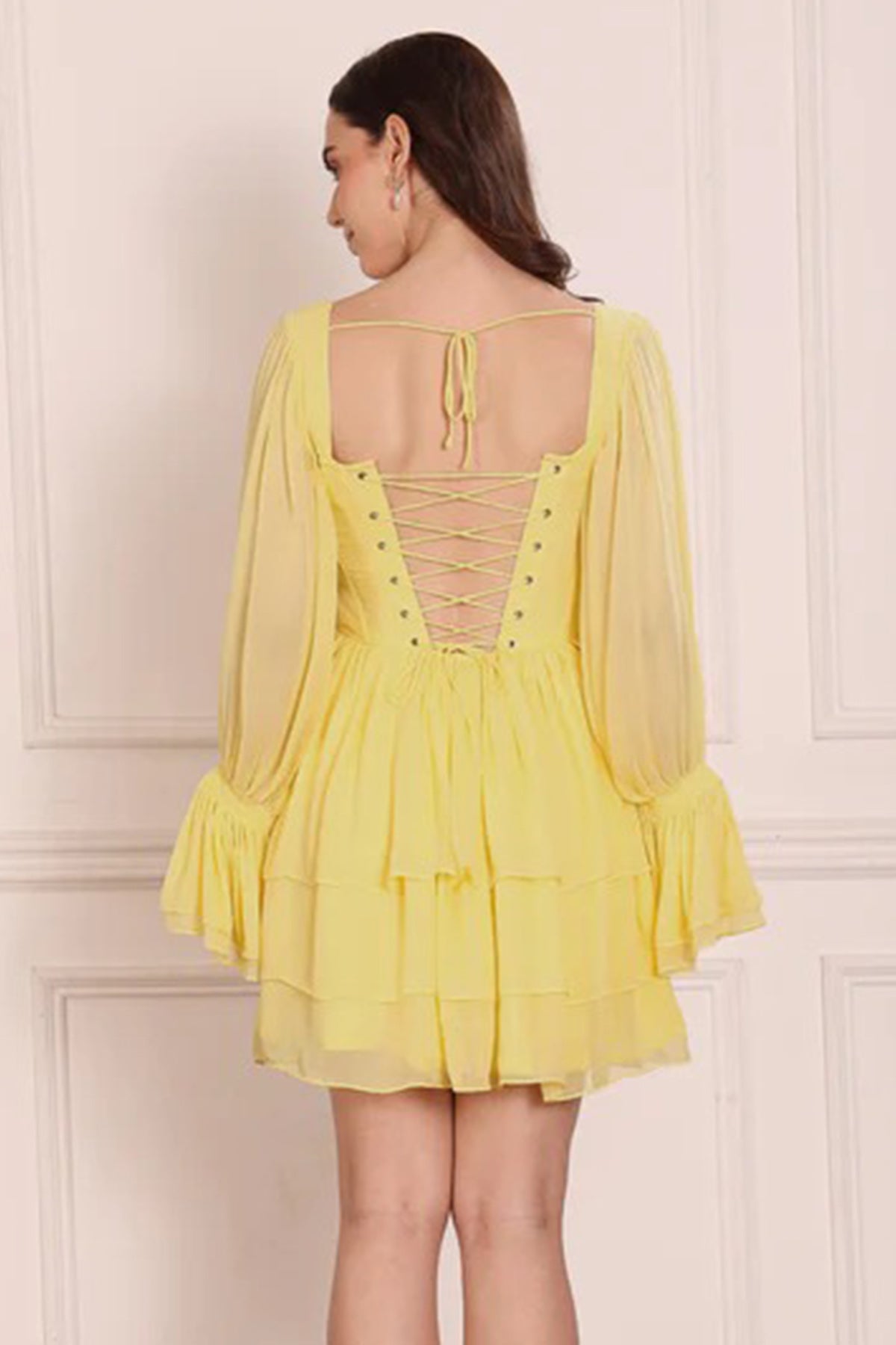Yellow Frill Sleeves Mini Dress
