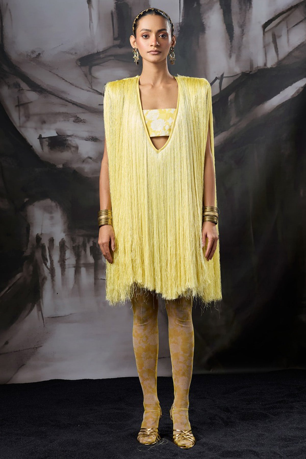 Buy Yellow Fringe V Neck Mini Dress for women by ADK online available at scrollnshops