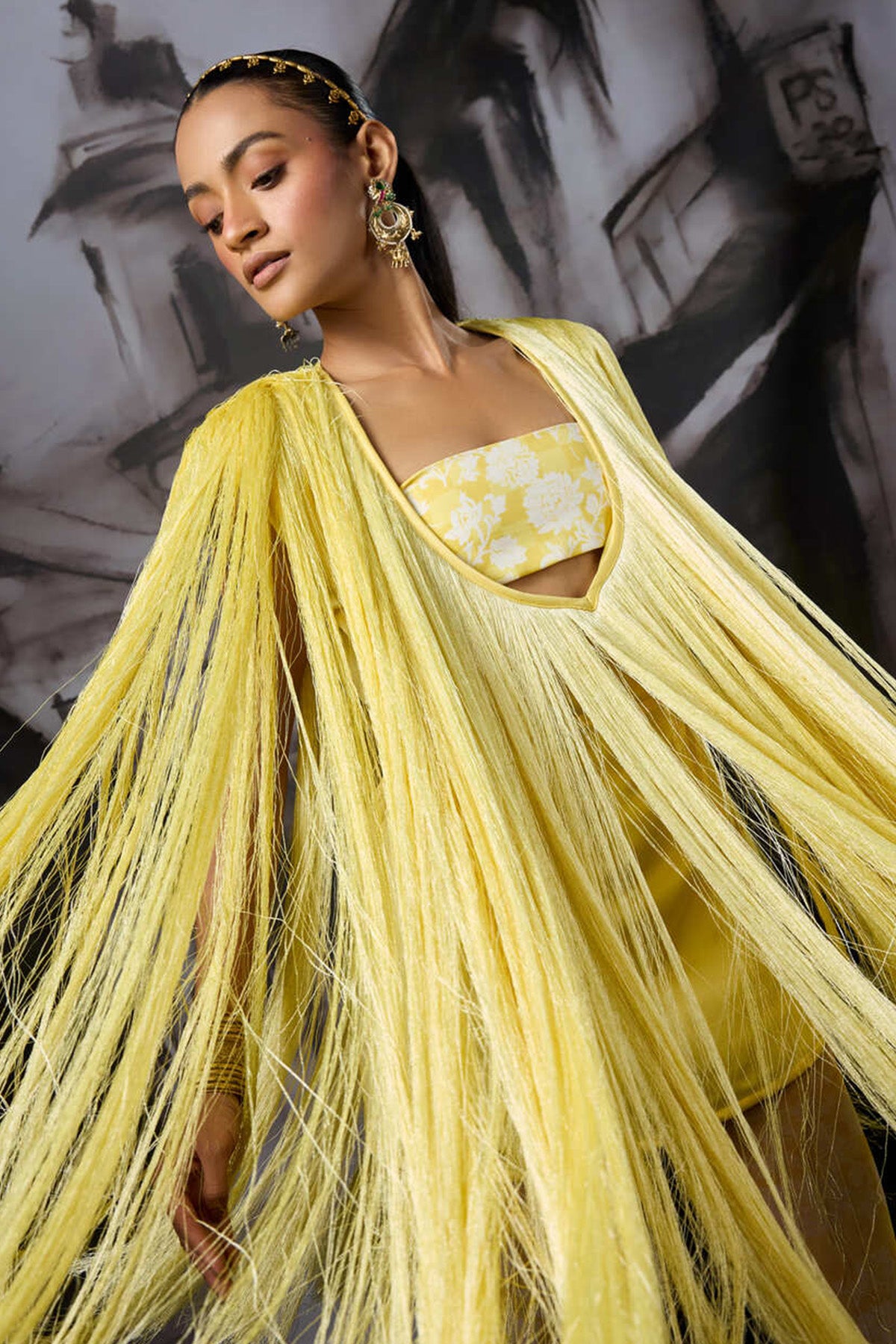 Yellow Fringe V Neck Mini Dress