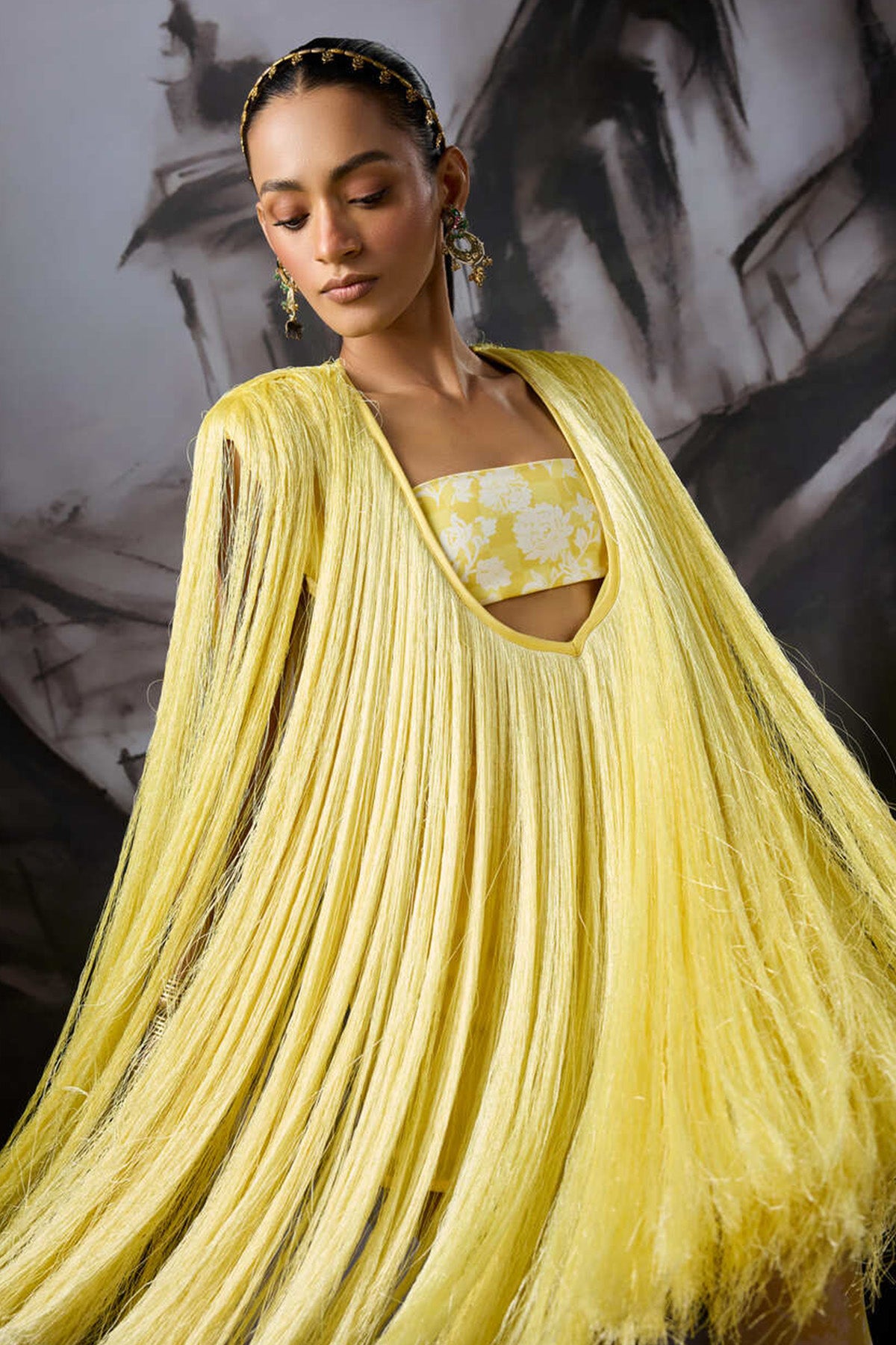 Yellow Fringe V Neck Mini Dress