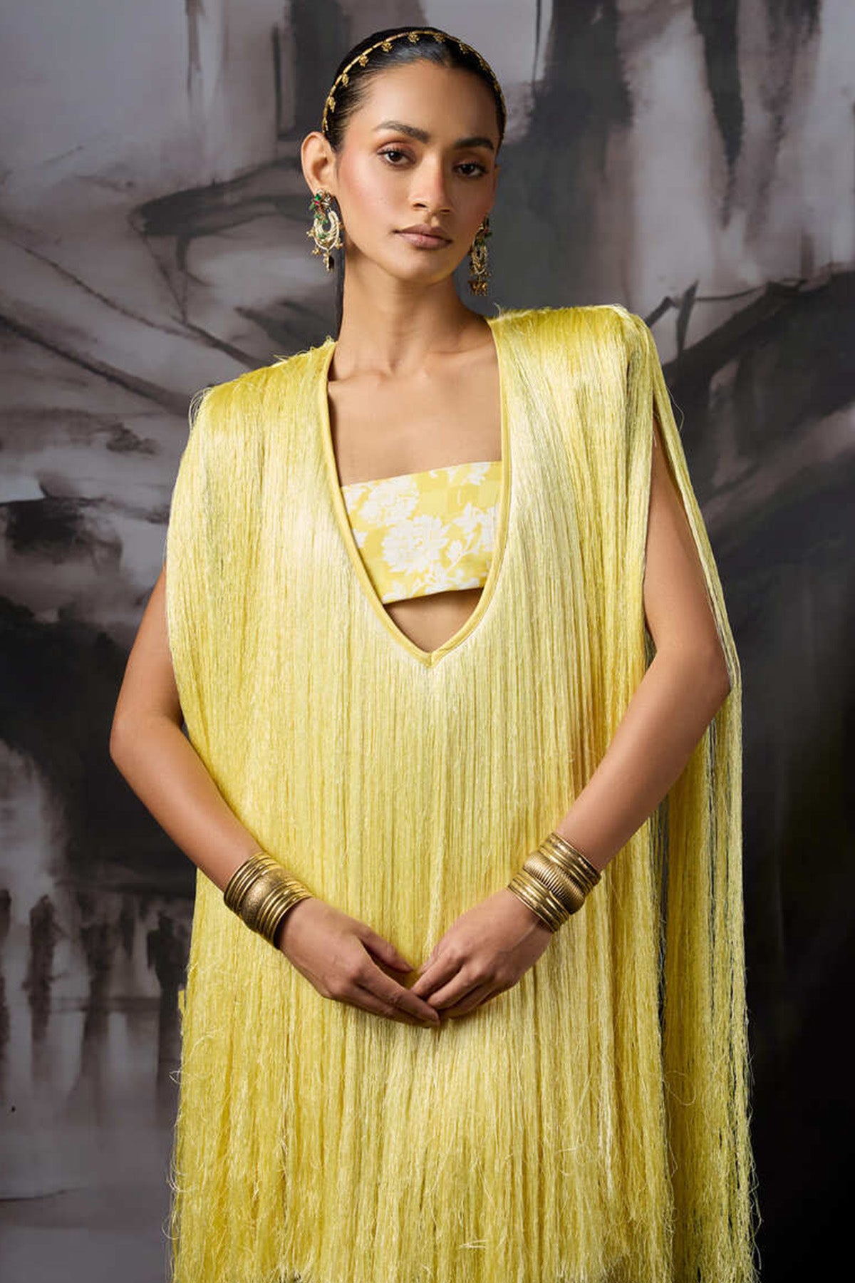 Yellow Fringe V Neck Mini Dress