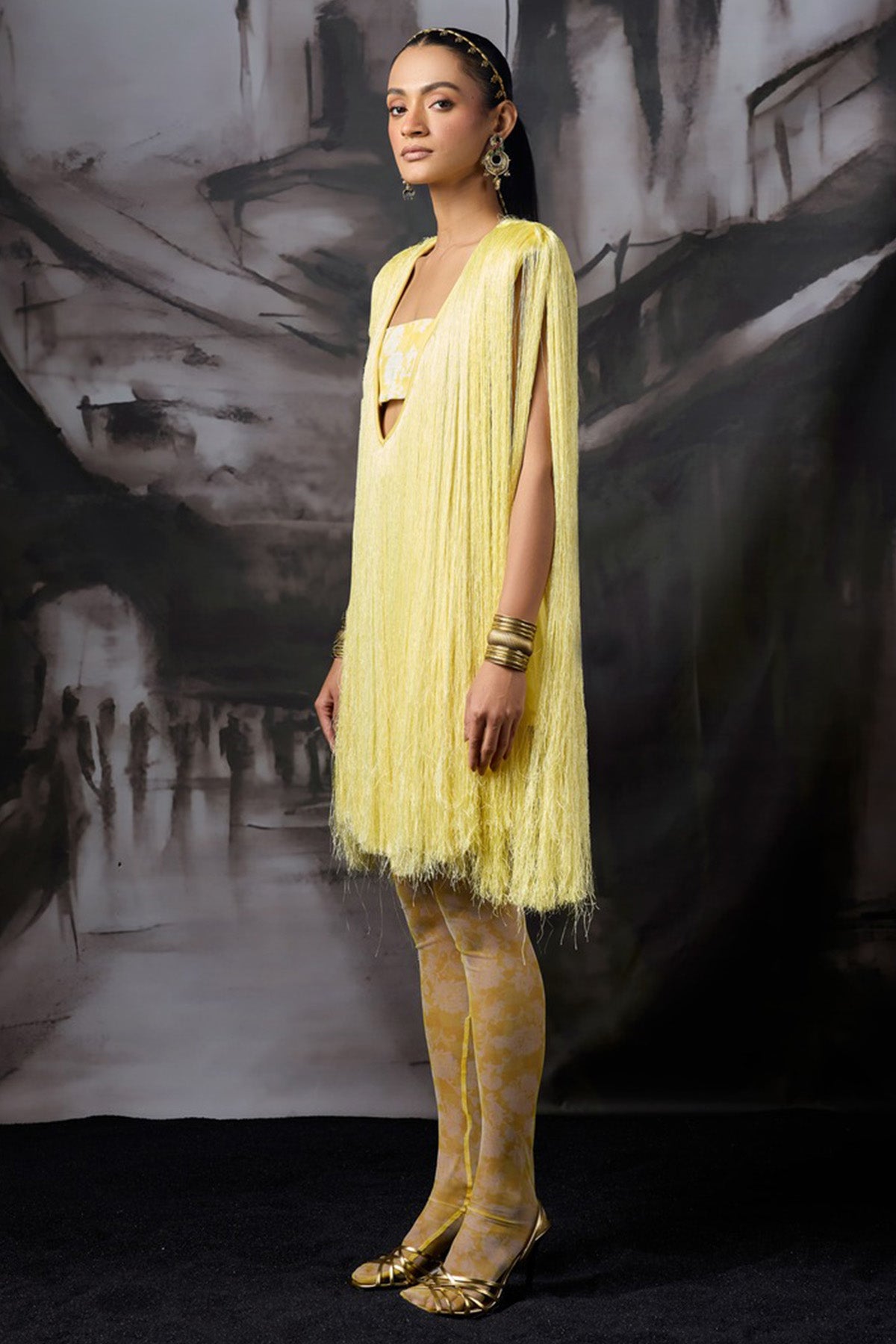 Yellow Fringe V Neck Mini Dress