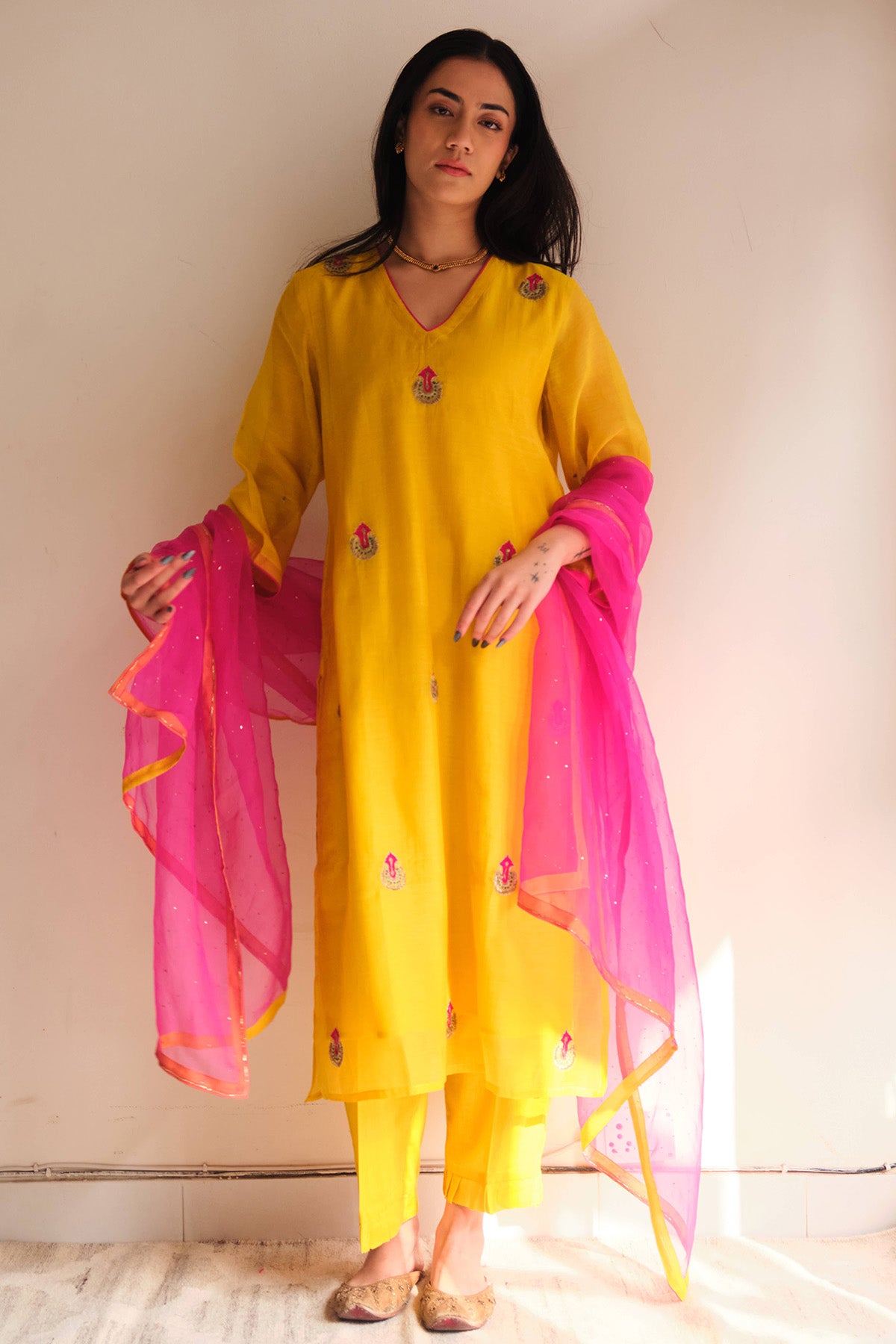 Yellow & Fuchsia Zari Kurta Set