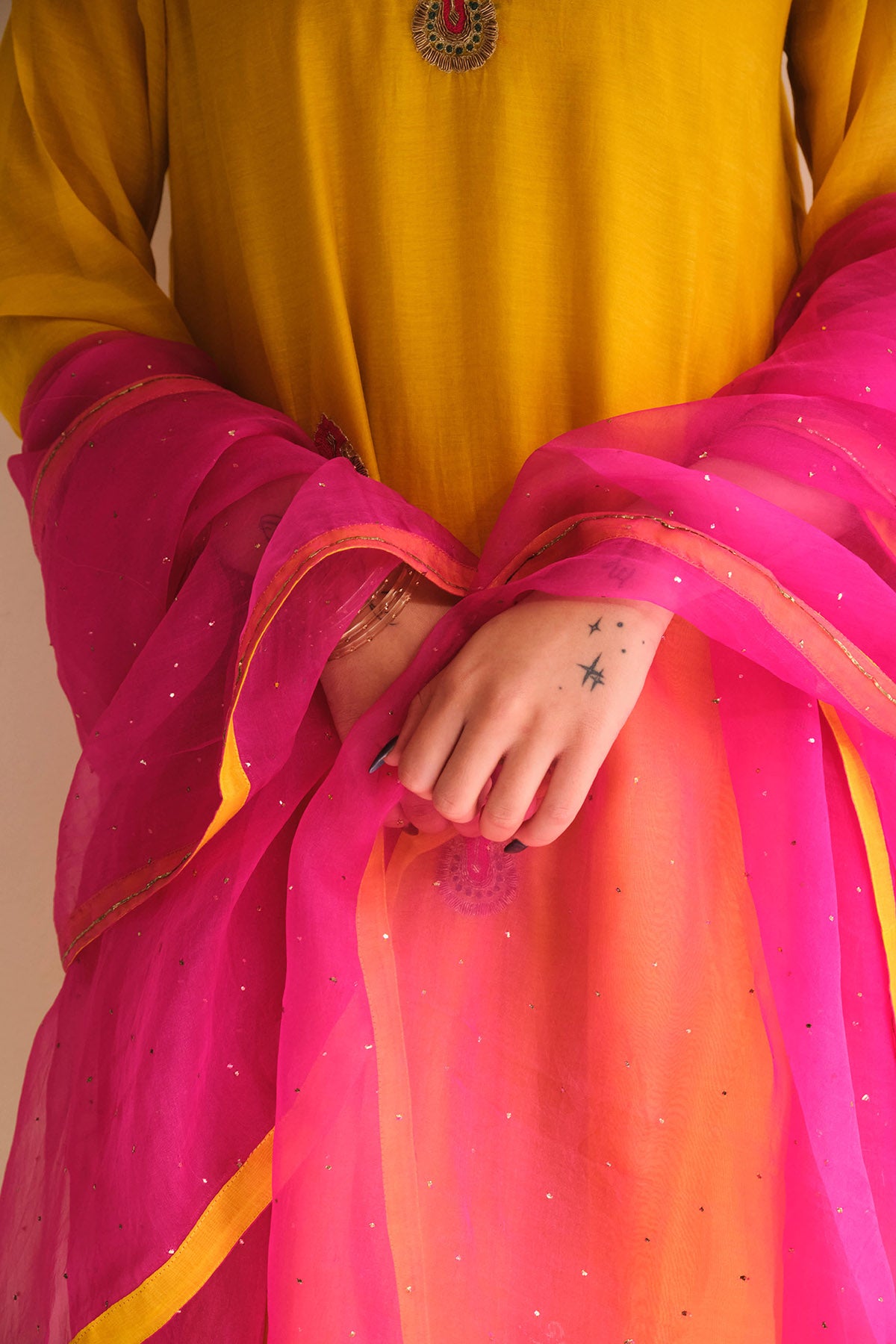 Yellow & Fuchsia Zari Kurta Set