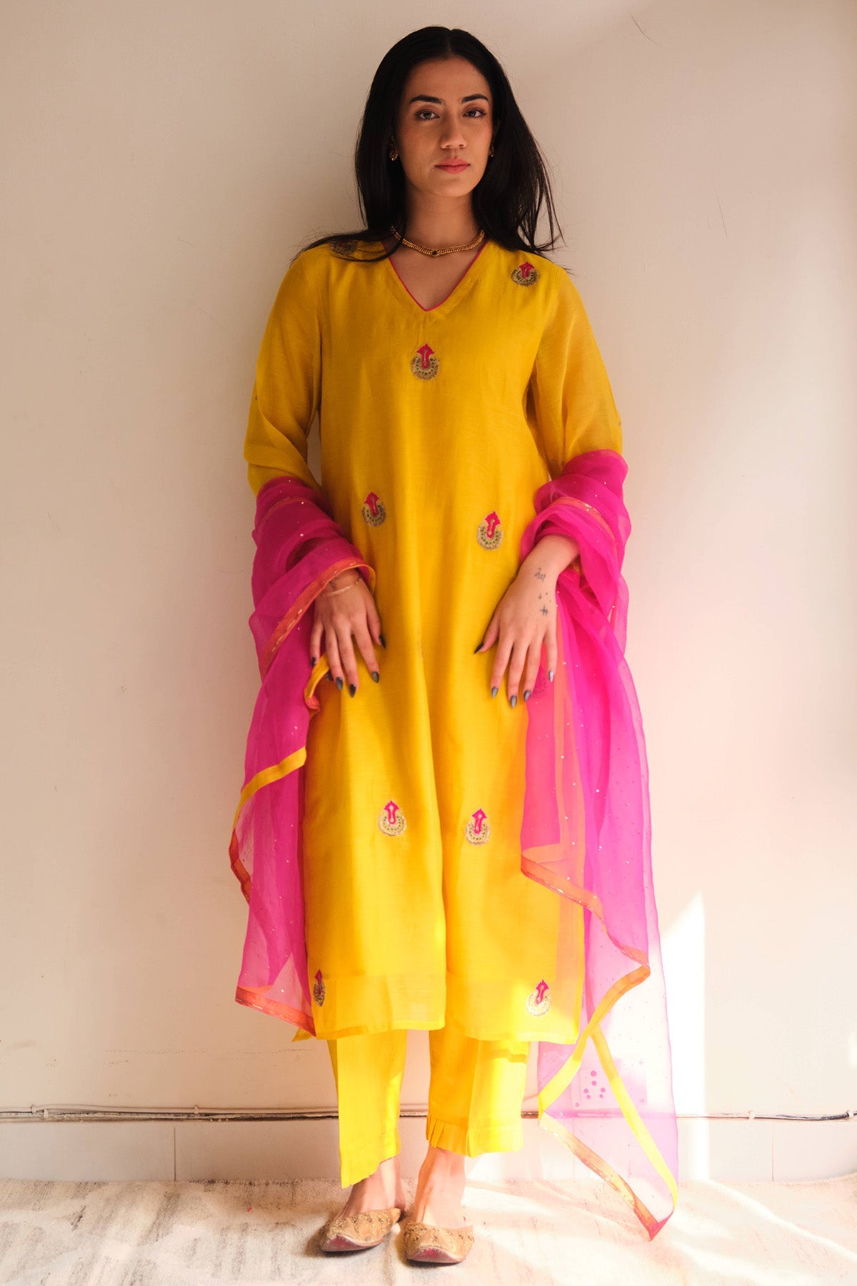 Buy Yellow & Fuchsia Zari Kurta Set for women by Juanita by Shubda online available at scrollnshops