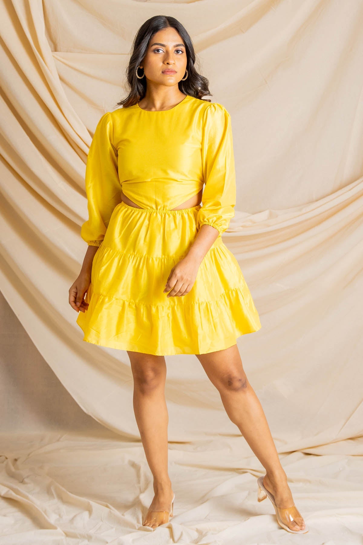 Buy Label J Yellow Gathered Cut Out Dress at ScrollnShops