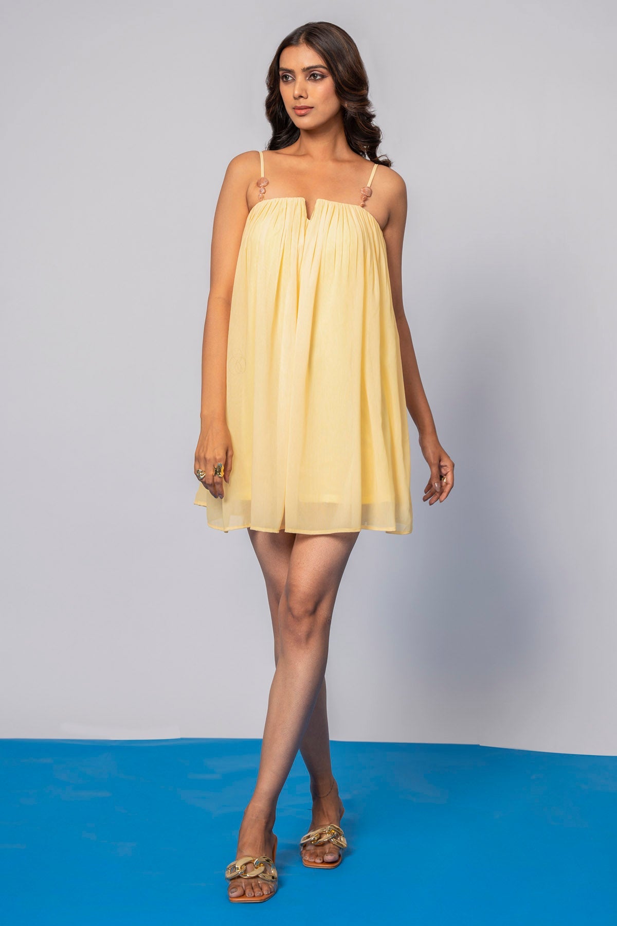 The Decem Ally Yellow Gathered Frilled Dress for Women online available at scrollnshops