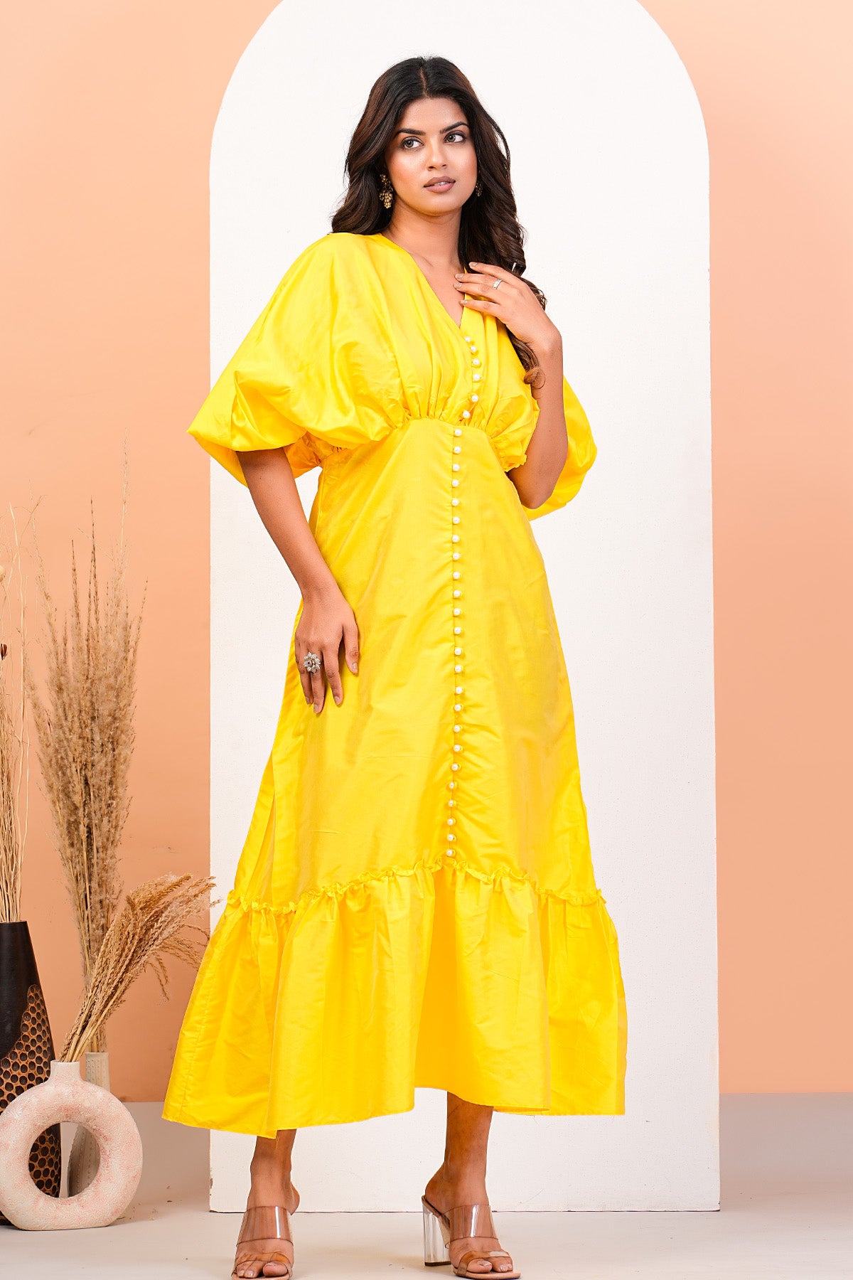 Yellow Gathered V-Neck Dress