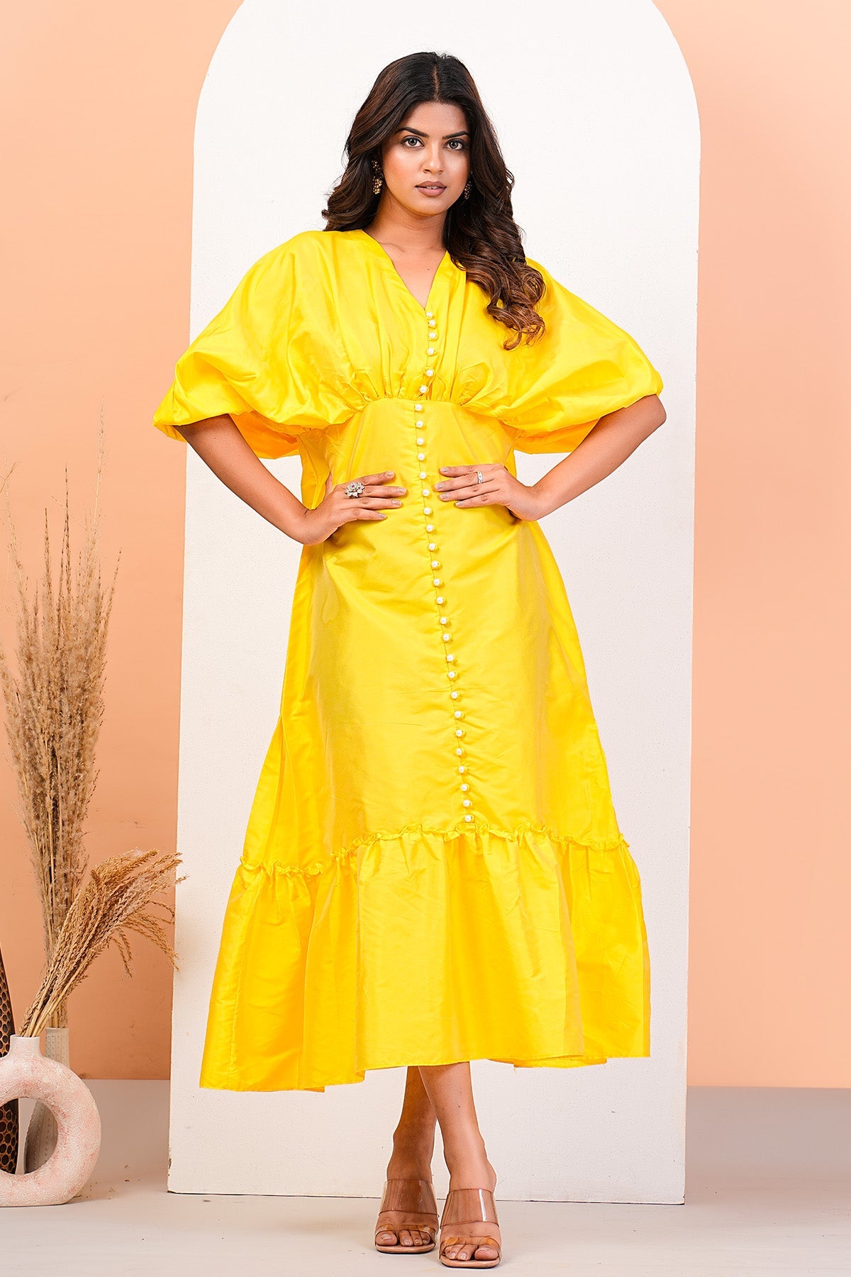 Buy Yellow Gathered V-Neck Dress by Namita Sharma for Women online at ScrollnShops