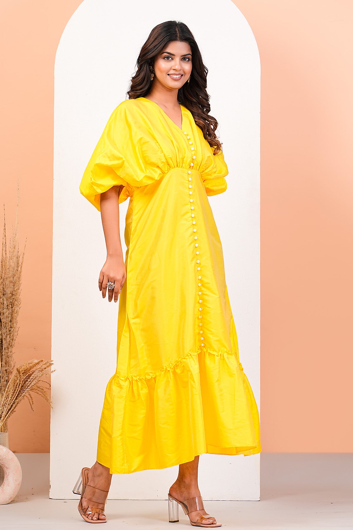 Yellow Gathered V-Neck Dress
