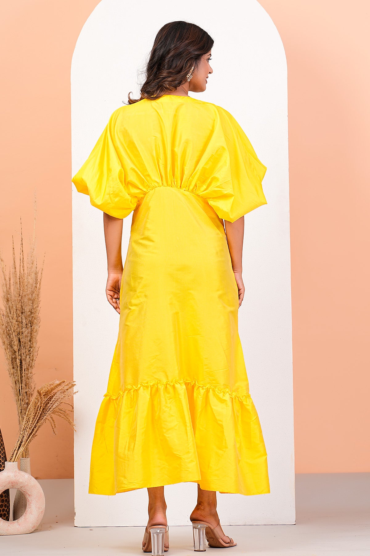 Yellow Gathered V-Neck Dress
