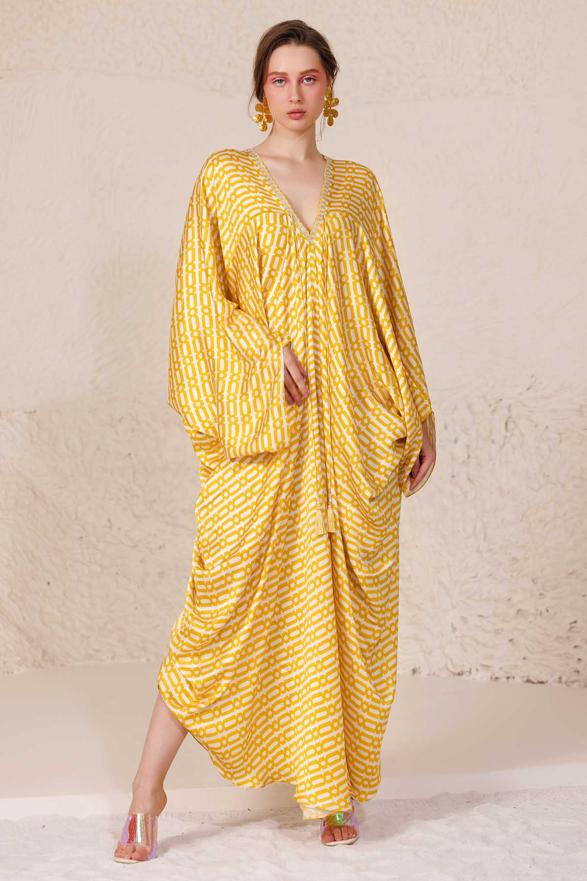 Chhaya Mehrotra Yellow Geometric Print Kaftan for women online at ScrollnShops