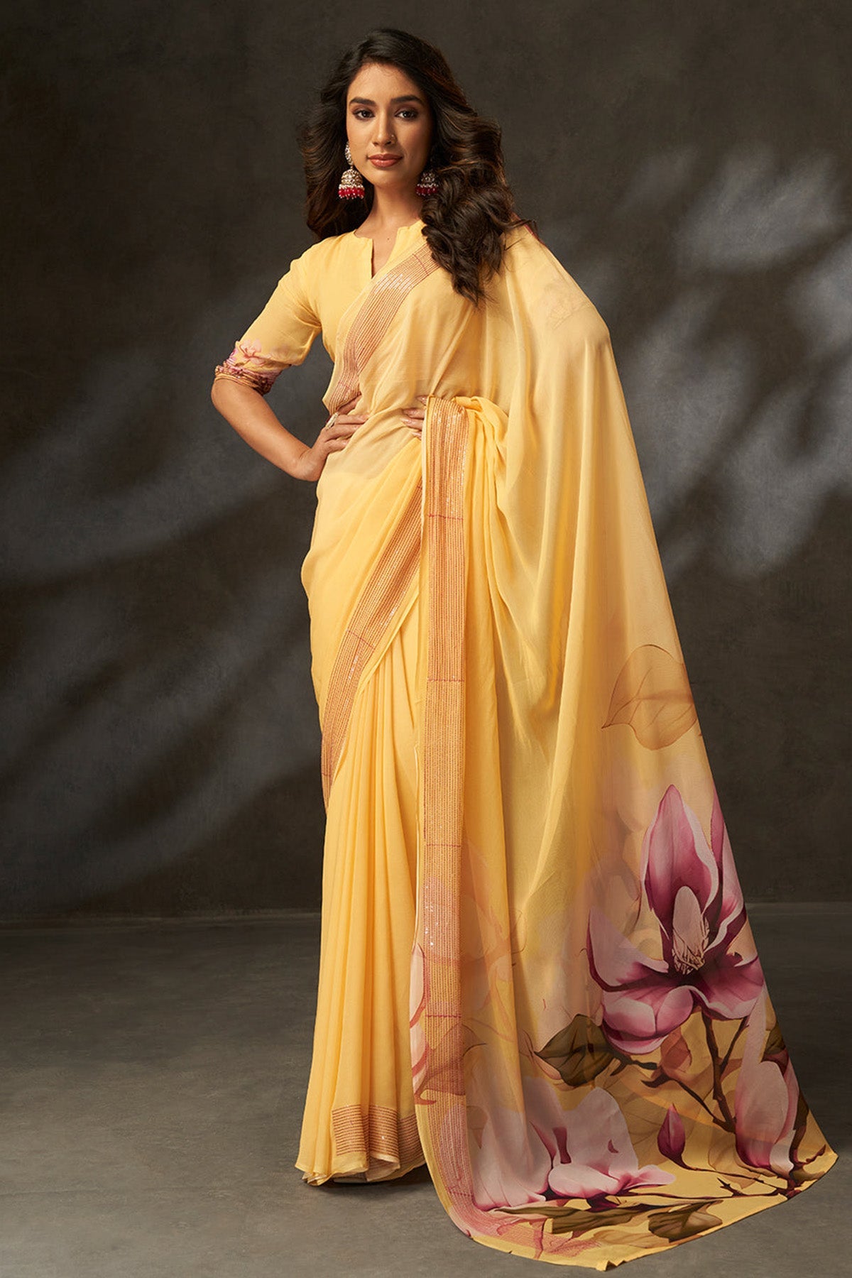 Buy Yellow Georgette Digital Saree for women by Aastha Fashion online available at scrollnshops