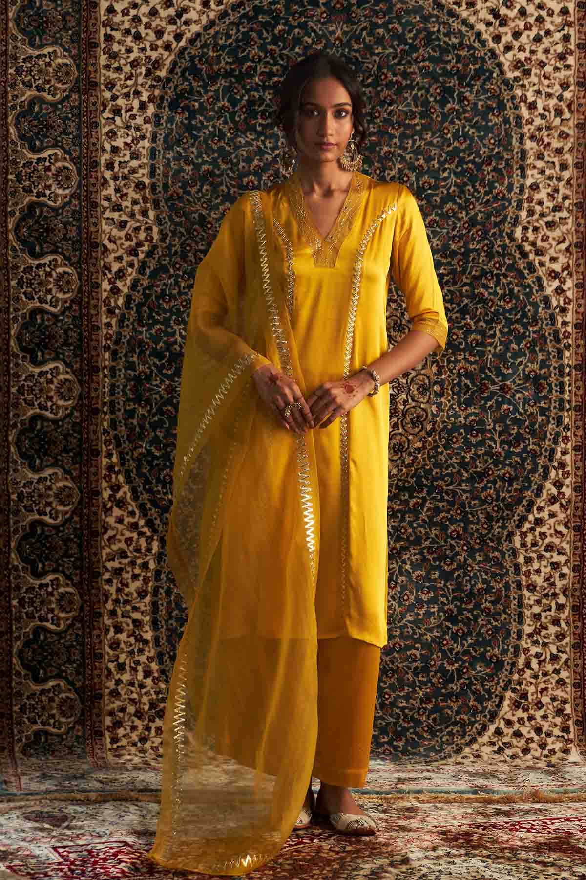 Buy Yellow Gota Detail Kurta Set Online