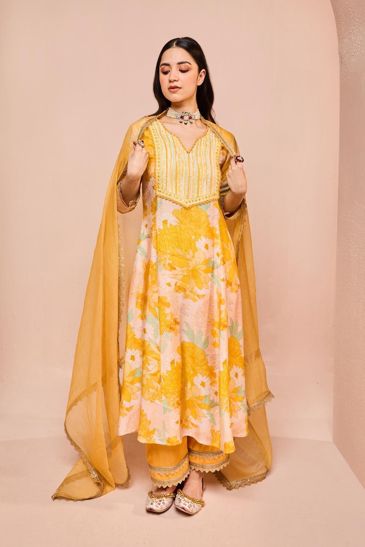Buy Yellow Gota Work Long Kurta Set by Dohr India for women online at ScrollnShops