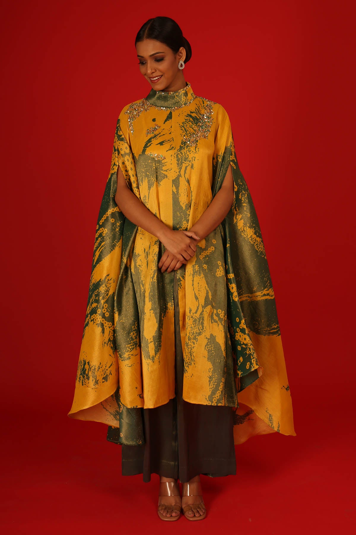 Yellow & Green Embroidered Kaftan Dress