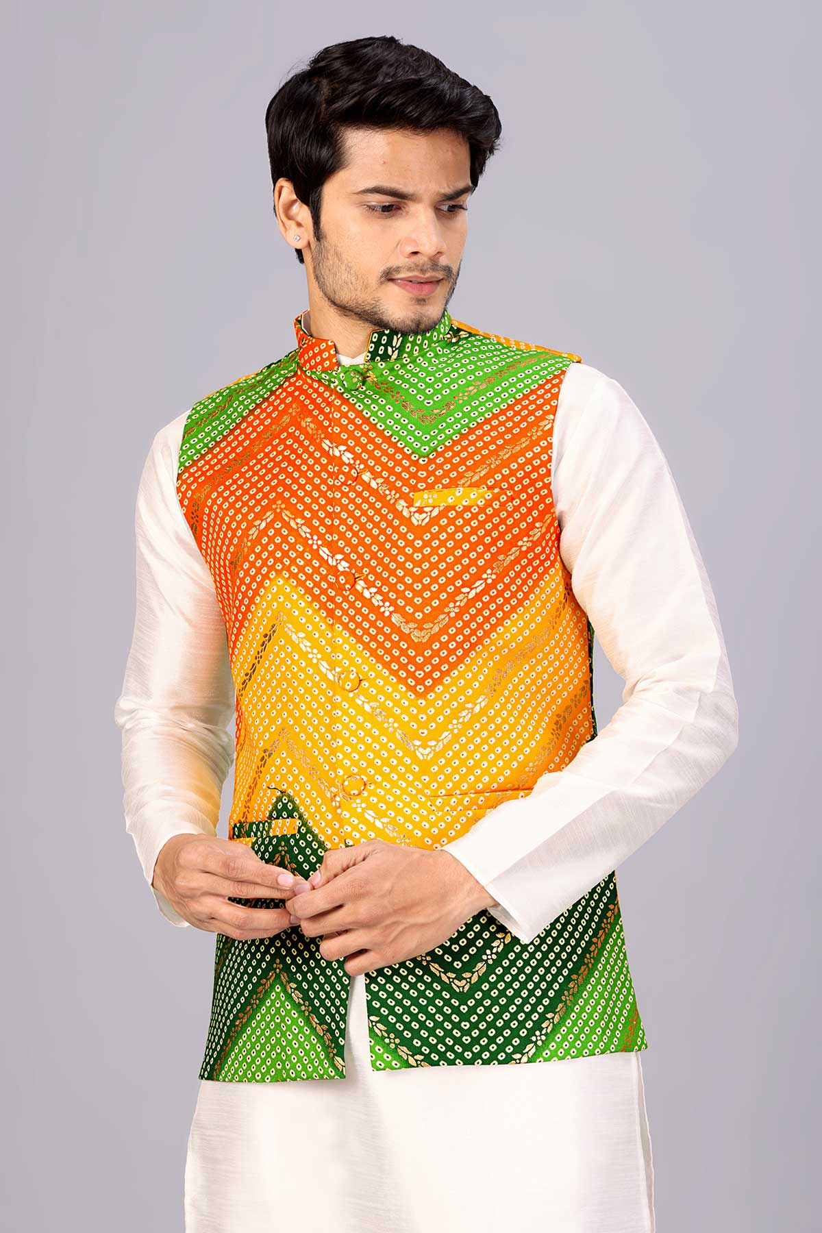Buy Yellow & Green Bandhani Bundi for women by Priyanka Jain online available at scrollnshops