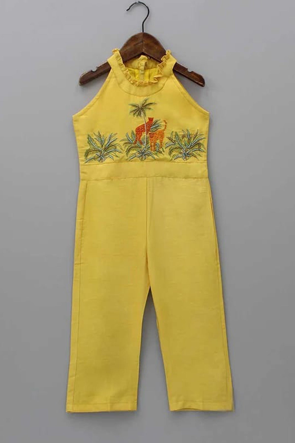 Little Brats Yellow Hand Embroidered Jumpsuit for girl online at ScrollnShops