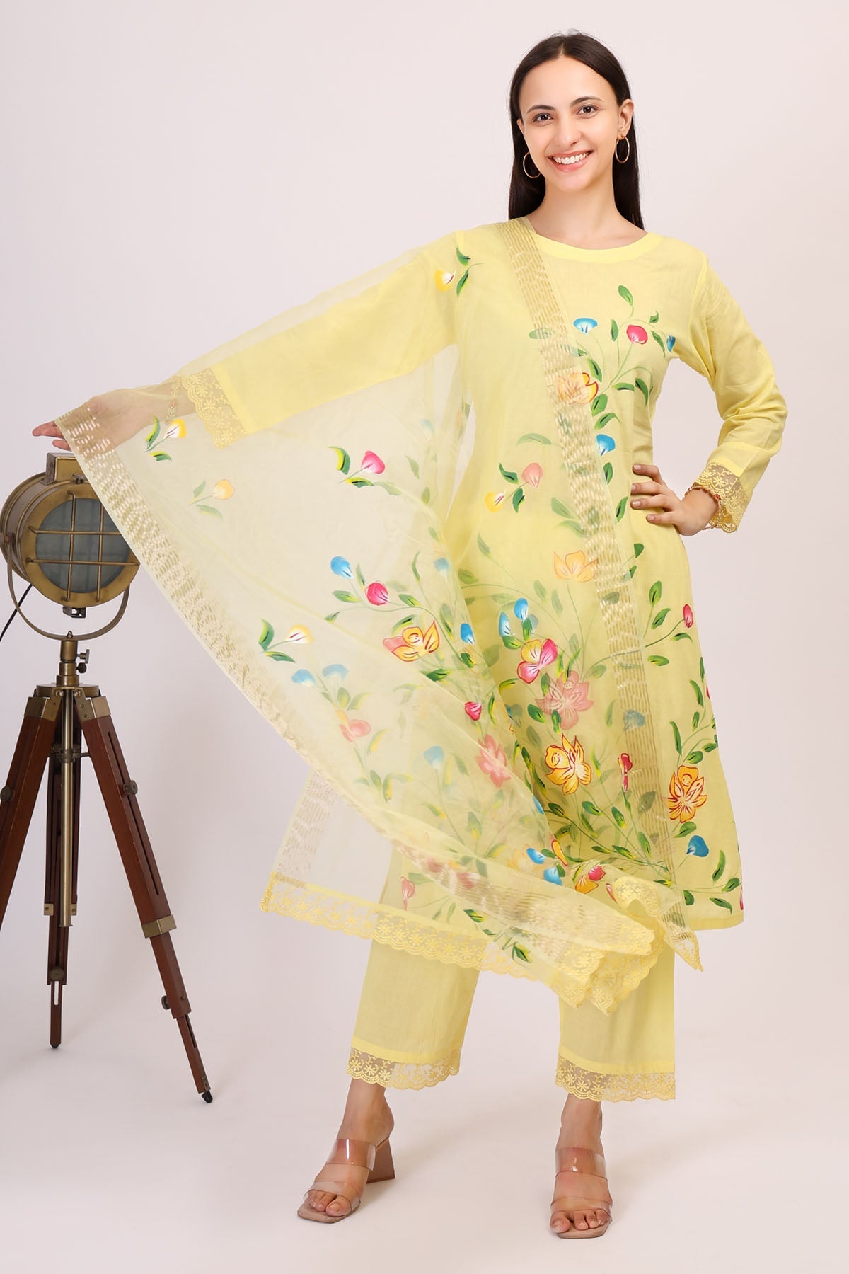 Simply Kitsch Yellow Hand Painted Kurta Set for women online at ScrollnShops