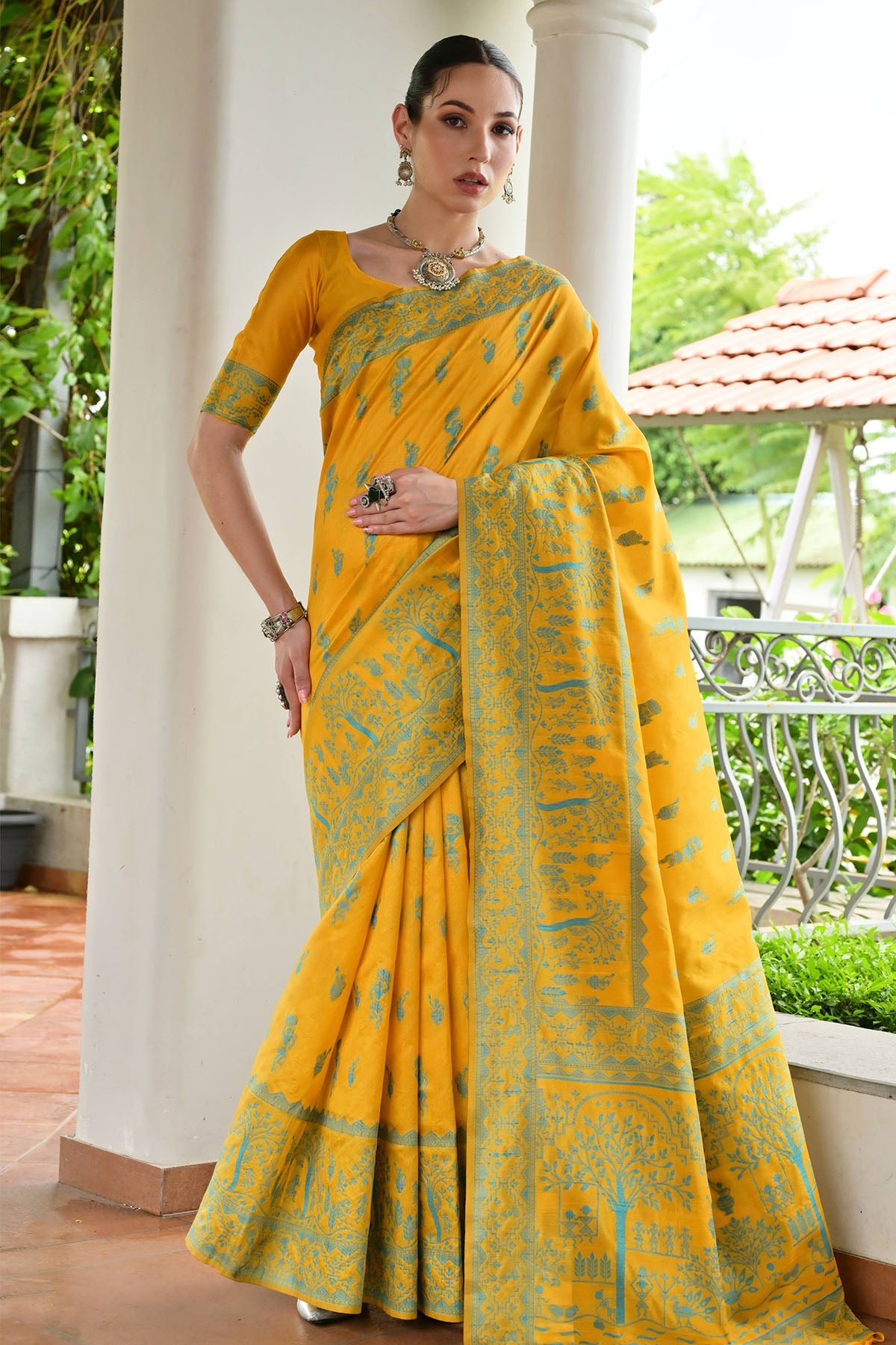 Buy Yellow Handloom Raw Silk Saree for women by Lili Lala Designer online available at scrollnshops