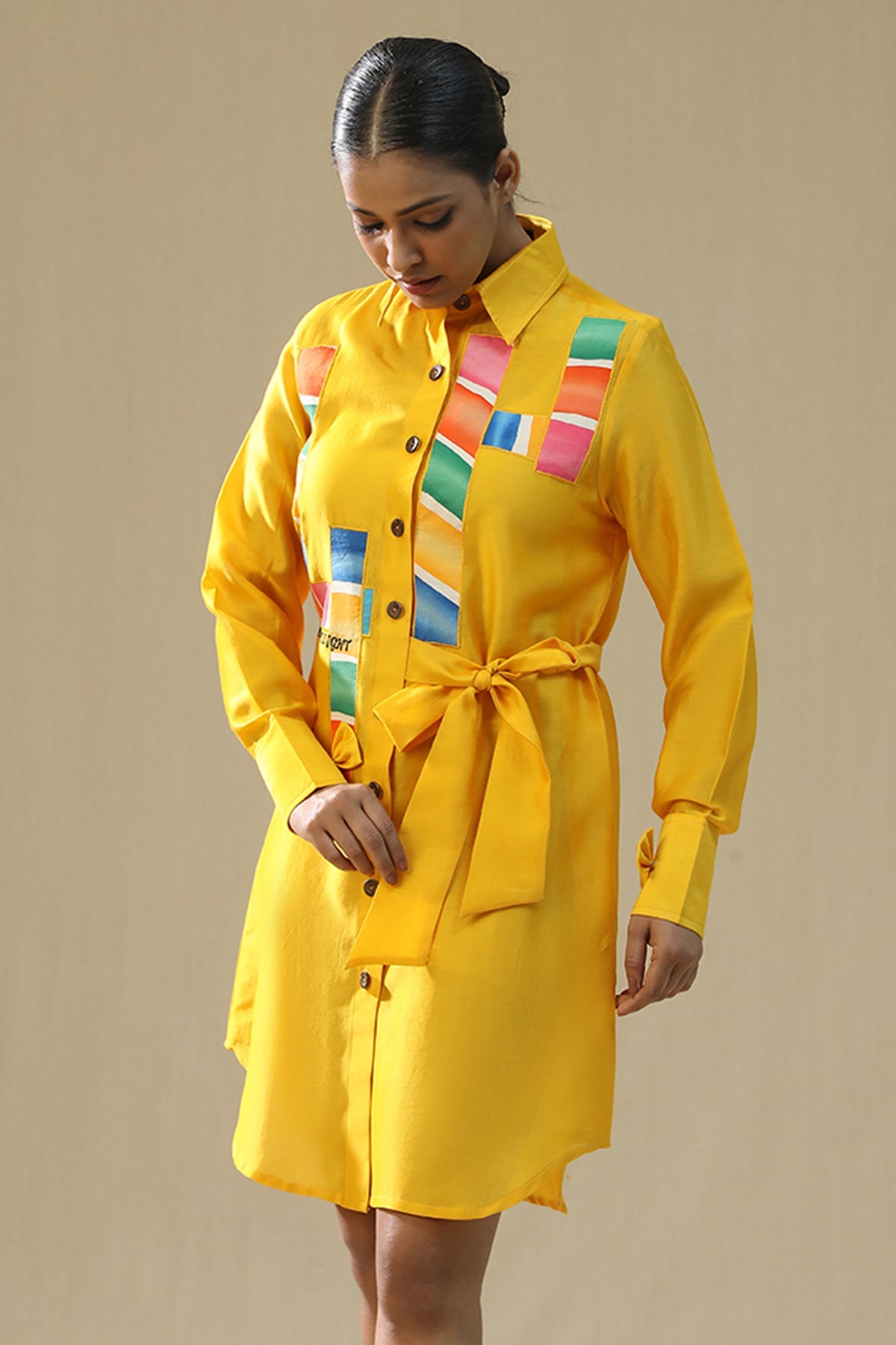 Buy Yellow Handpainted Shirt Dress by Arpita Sulakshana for women online at ScrollnShops