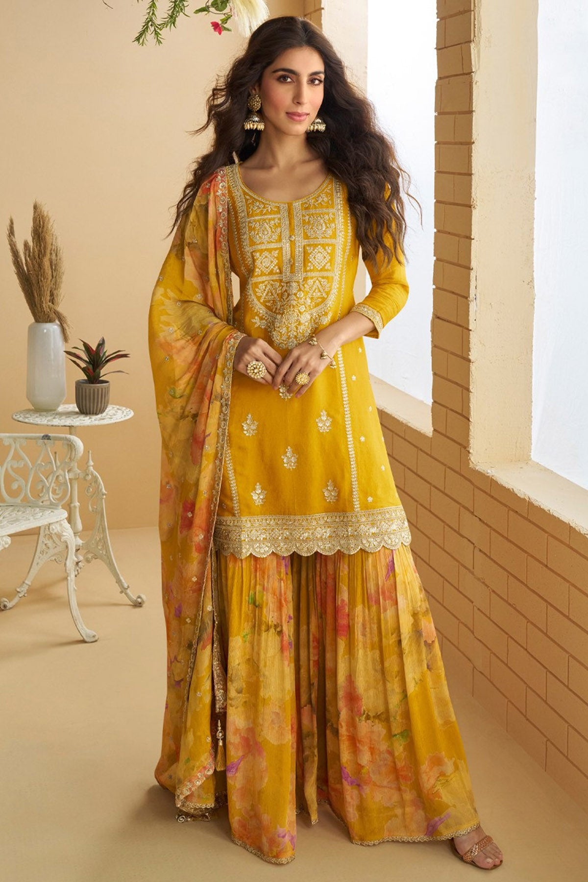 Yellow Heavy Chinon Kurta Set