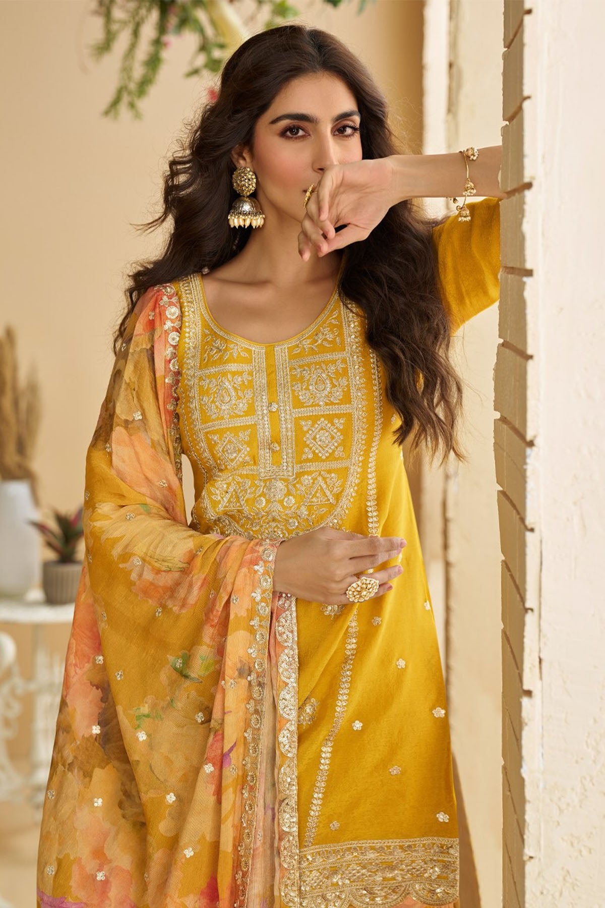 Yellow Heavy Chinon Kurta Set